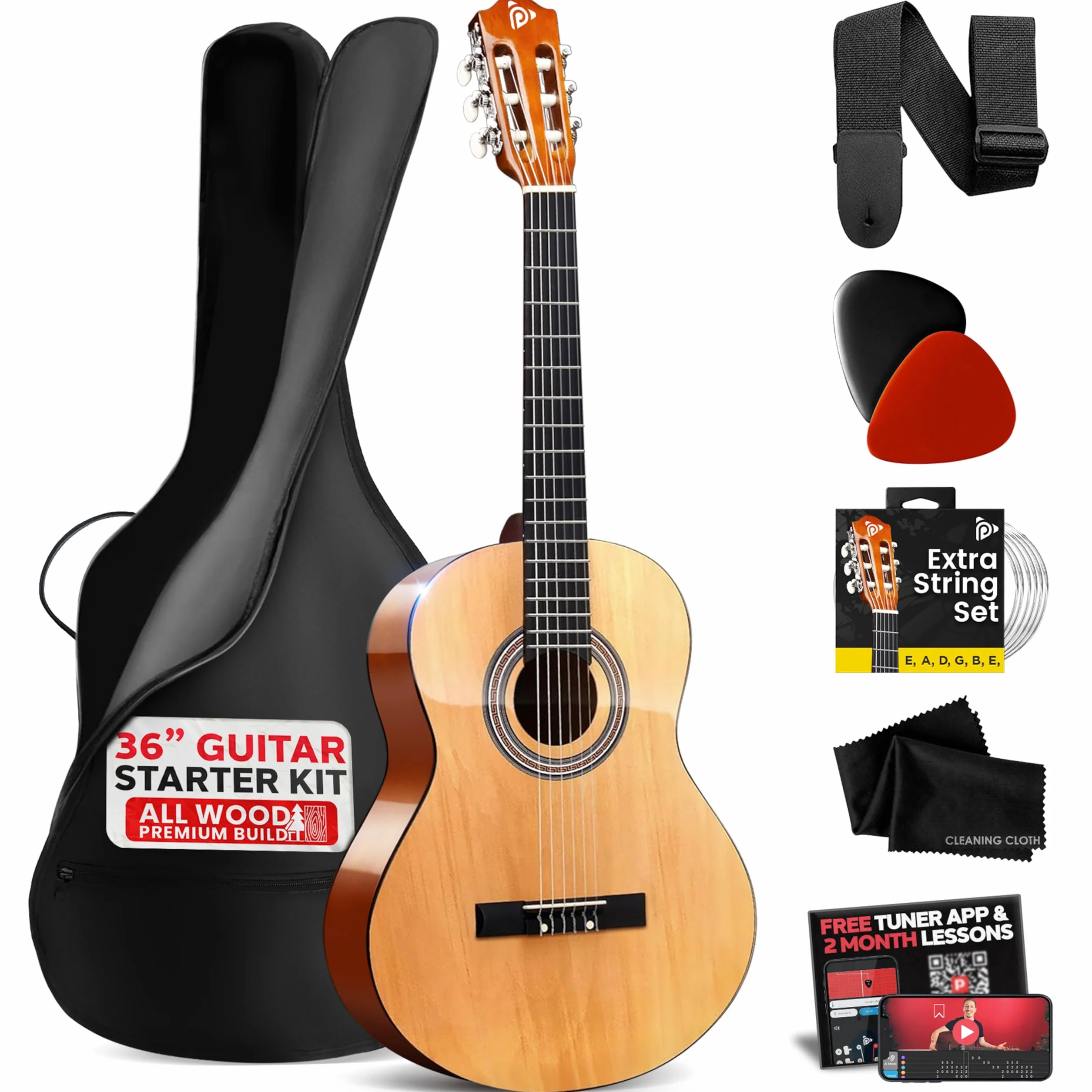 Beginner 36” Classical Acoustic Guitar - 3/4 Junior Size 6 String Linden Wood Guitar w/Gig Bag, Tuner, Nylon Strings, Picks, Strap, For Beginners, Adults