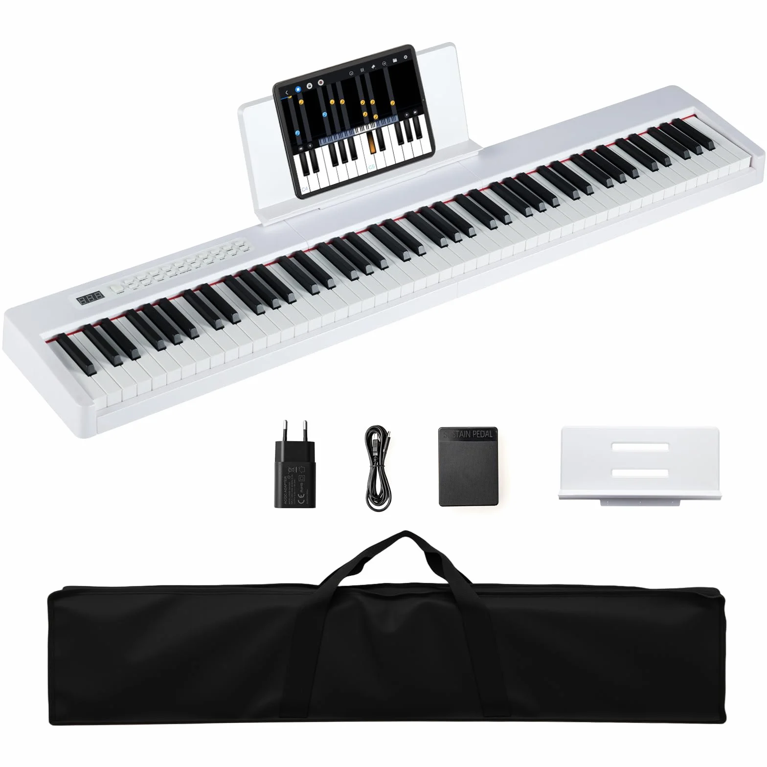COSTWAY Keyboard Piano 88 klawiszy, pianino cyfrowe z MIDI, Sustain, stojak na muzykę i torba, przenośne pianino elektryczne dla początkujących, dzieci, dorosłych (biała)