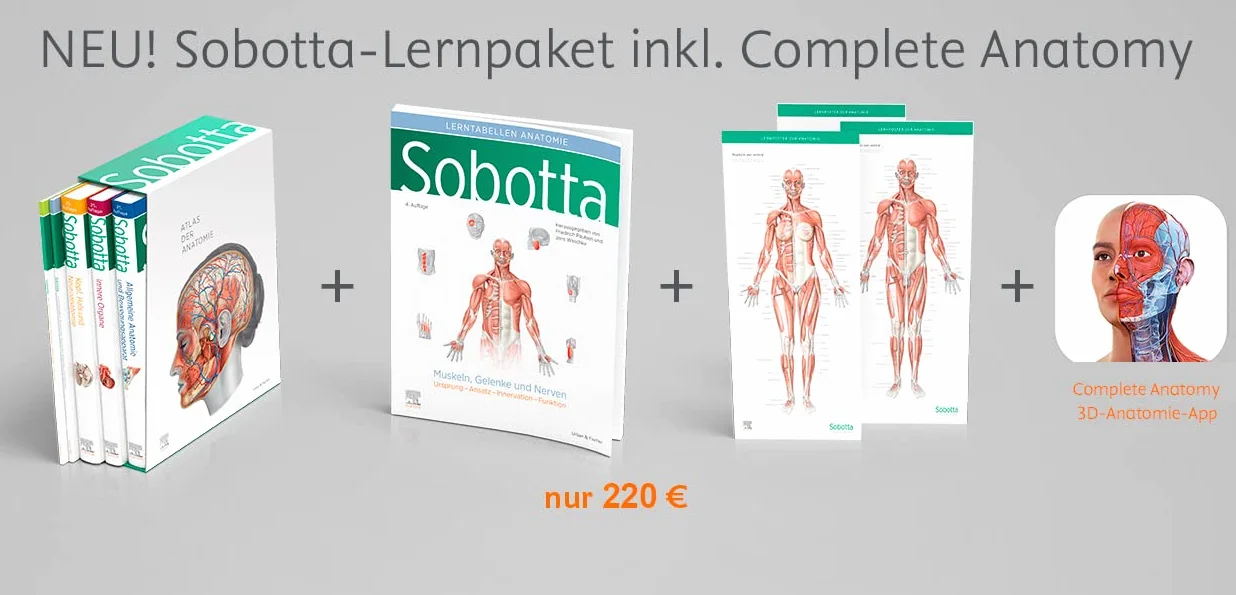 Sobotta Atlas der Anatomie, 3 Bände + Lerntabellen + Poster Collection im Schuber und 6-monatiger Zugang zur Complete Anatomy-App: Allgemeine Anatomie und Bewegungsapparat (Bd. 1), Innere Organe (Bd. 2), Kopf, Hals und Neuroanatomie (Bd. 3)