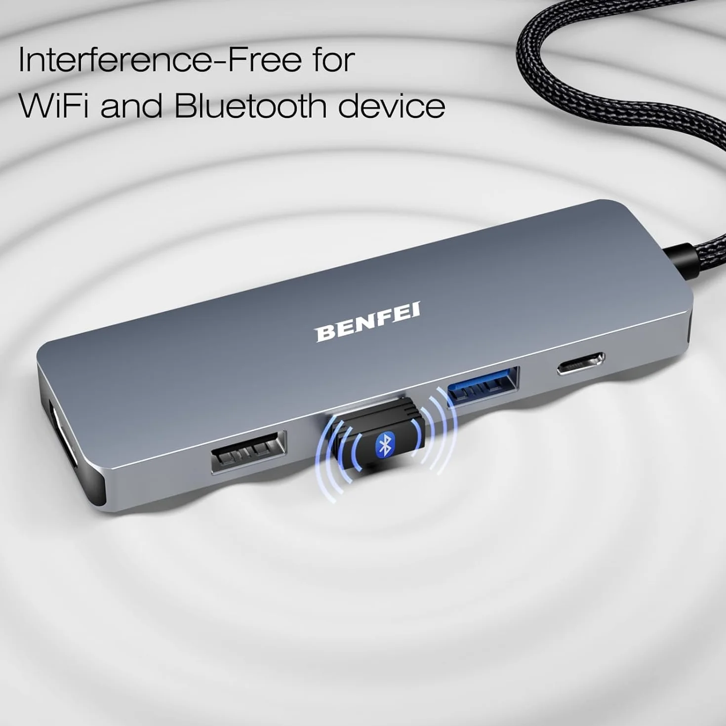 BENFEI USB C Hub 5 w 1 z 4K HDMI (certyfikowany), zasilanie 100 W, 3 USB-A, kabel silikonowy, aluminiowa obudowa kompatybilna z MacBookiem Pro/Air, iPadem Pro, iMacem, XPS, Thinkpadem