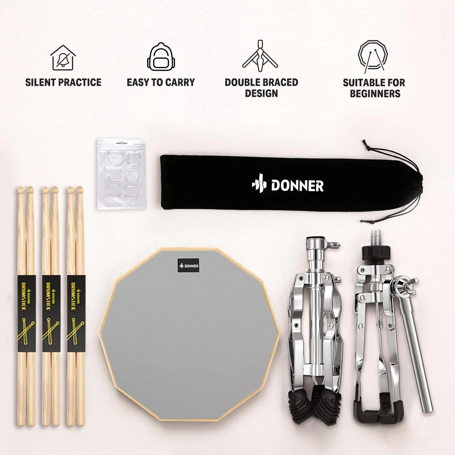 Donner Podkładki treningowe 30 cm z nóżką, pałeczki 5A, żelowe tłumiki harmoniczne, plecak