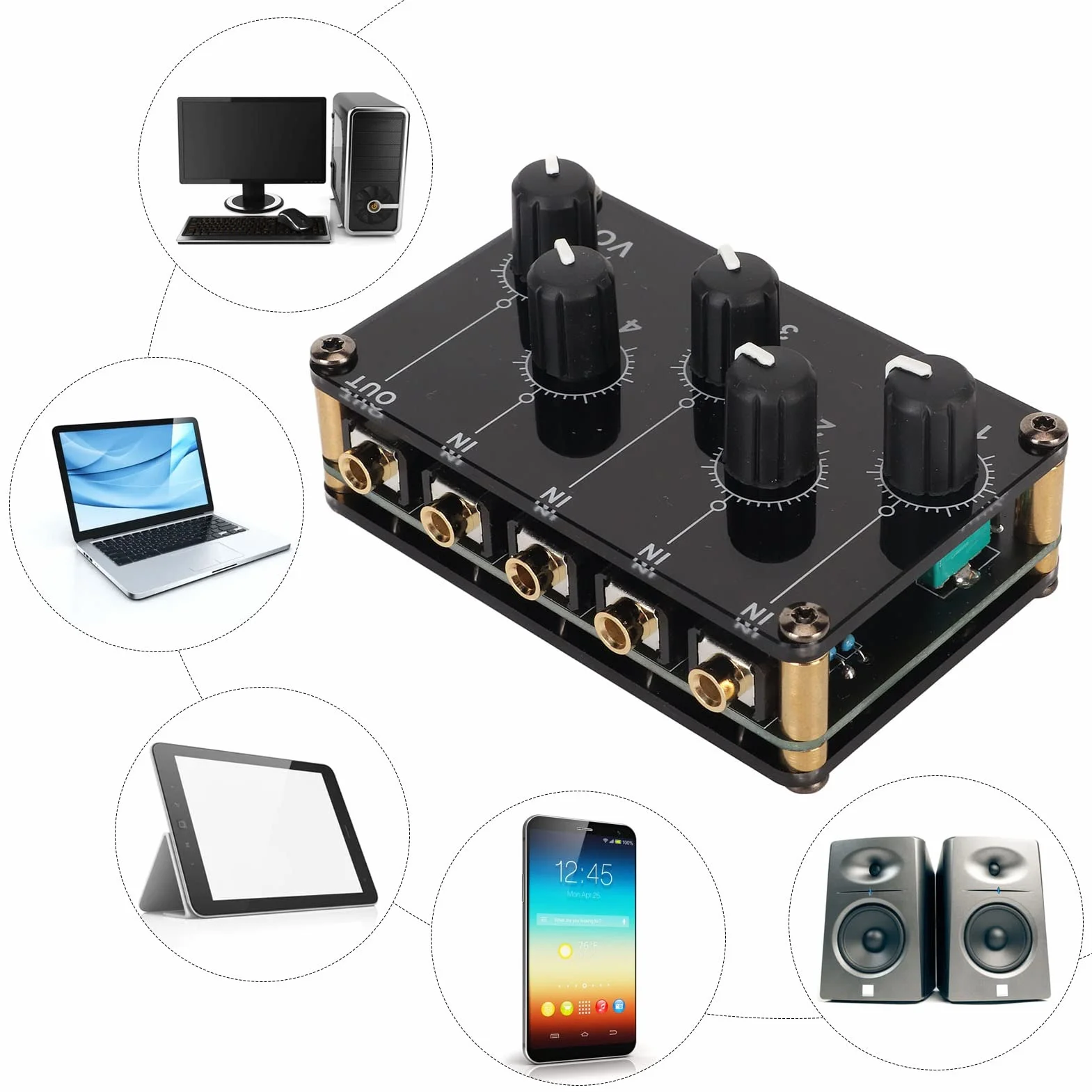 Pasywny Mikser Dźwięku Dźwięk Dwukanałowy, Mini Mikser Audio, Wejście 4 w 1 Wyjściu, Ultra Niski Poziom Hałasu Przenośny Mikser Dźwięku Stereo do Telefonu PC Kluby Bary
