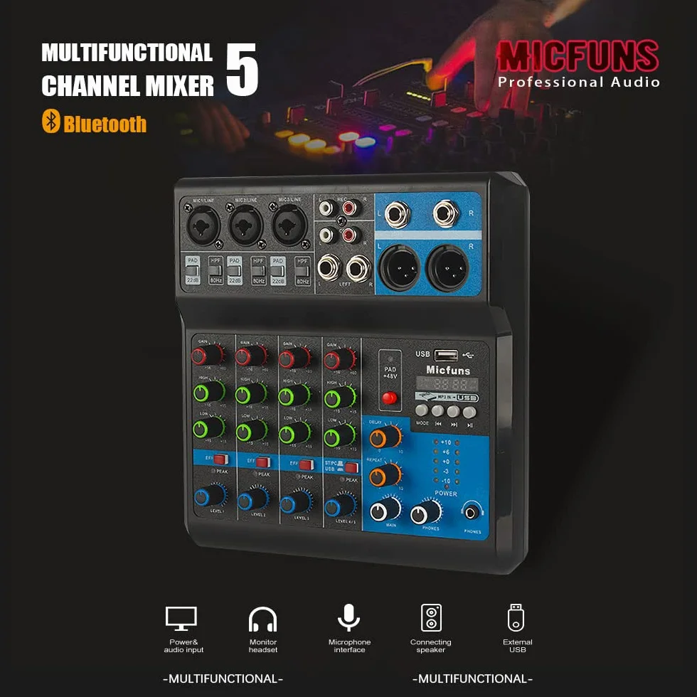 Mini DJ Mikser Sound Board Console System, 5 kanałów 48 V Phantom Power z Bluetooth USB MP3 Stereo Live DJ Studio Streaming na profesjonalne nagrywanie KTV Stage