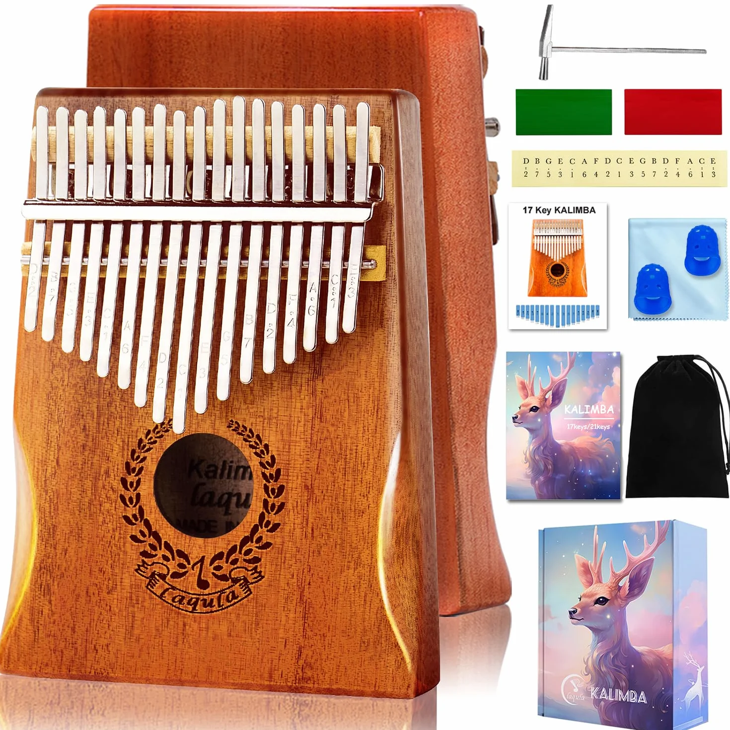 Kalimba 17 Klawiszy Fortepian – Przenośny Mbira Sanza Palec Fortepian Profesjonalny Instrument Muzyczny z Instrukcja Nauki, Młotek Strojeniowy Prezent Dla Dzieci Dorosłych