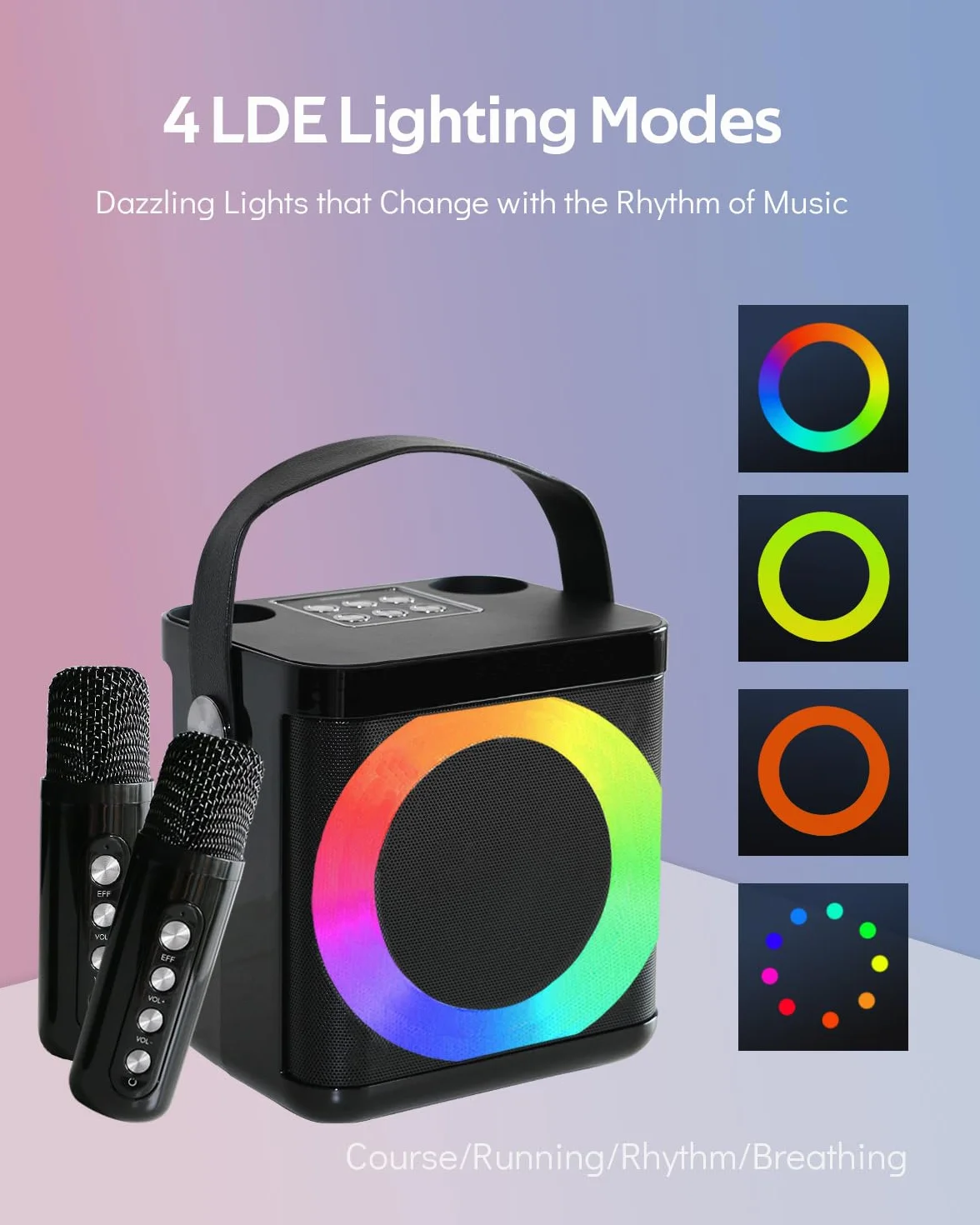 Maszyna do karaoke dla dorosłych i dzieci z 2 bezprzewodowymi mikrofonami UHF, przenośny głośnik Bluetooth, system głośników PA z lampkami imprezowymi LED, na imprezę, piknik, do samochodu, na