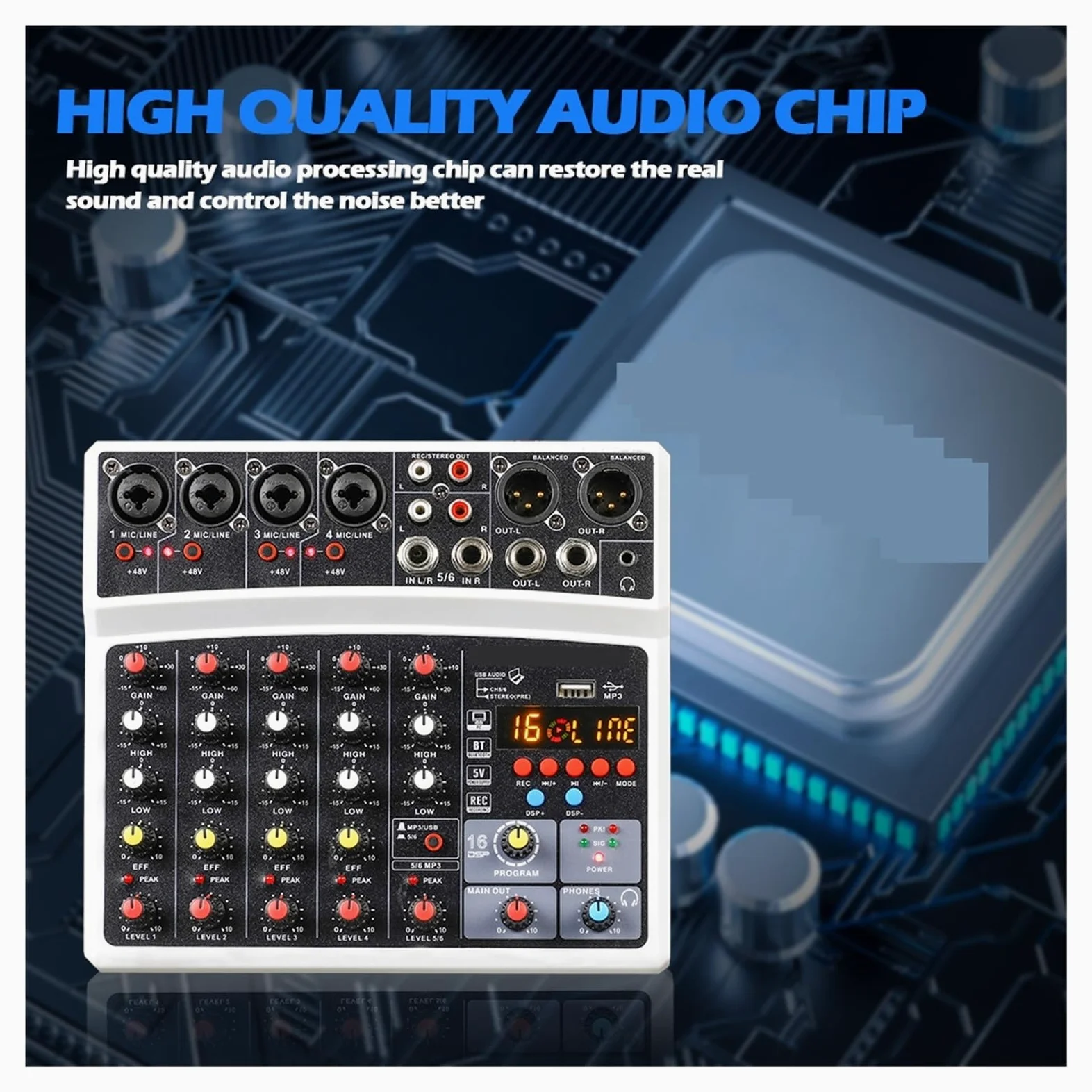 Mikser audio Bezprzewodowy 6-kanałowy Mikser Audio Przenośna Konsola Miksująca Interfejs USB Karta Dźwiękowa Z 16 DSP Echo 48V Zasilanie Phantom(06D-White)