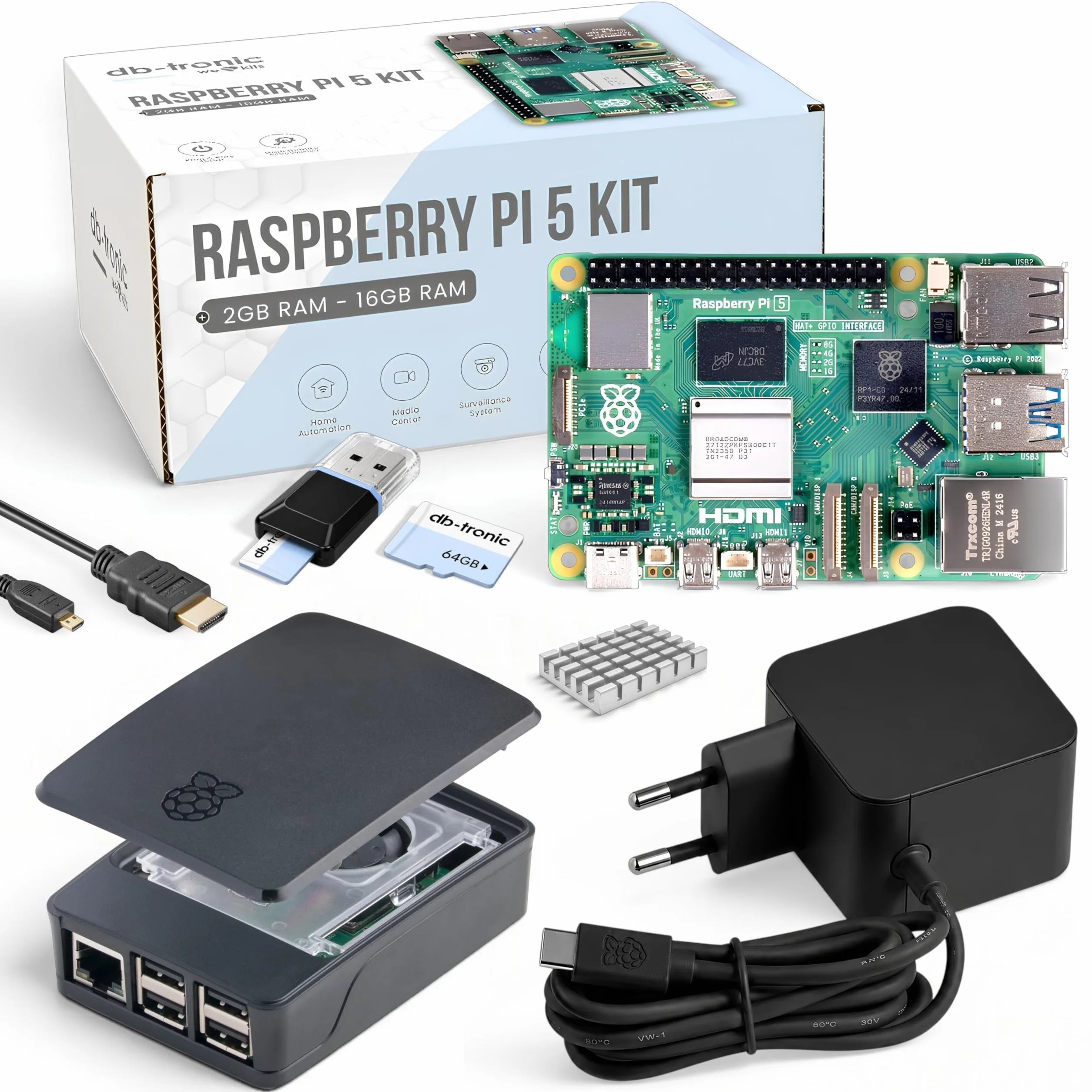 db-tronic Raspberry Pi 5 8 GB Starter Kit | Czarna edycja 64 GB | Zasilacz 27 W | Obudowa z wentylatorem | Micro HDMI 4K | idealny do Home Assistant i smart home
