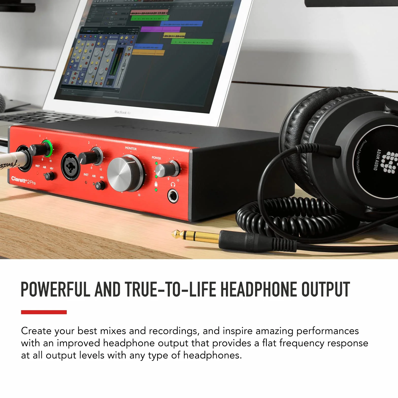 Interfejs audio Focusrite Clarett+ 2Pre zasilany USB-C do produkcji muzyki, z dwoma profesjonalnymi przedwzmacniaczami i wydajnymi wyjściami słuchawkowymi/instrumentami o wysokiej wierności