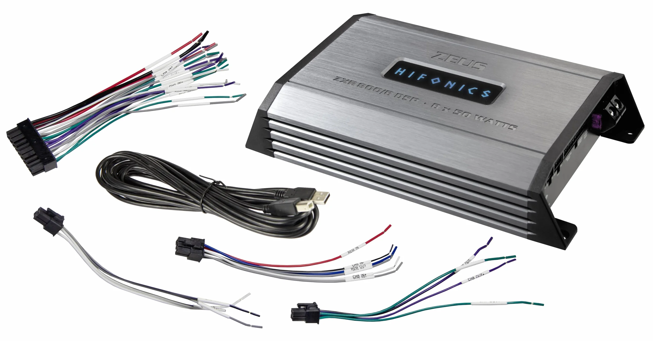 HiFonics ZXR800/8DSP 10-kanałowy wzmacniacz HiFi, 8-kanałowy wzmacniacz HiFi, Bluetooth 5.0, złącze MX-Connect, kompatybilny z adapterami Plug & Play do wielu typów pojazdów