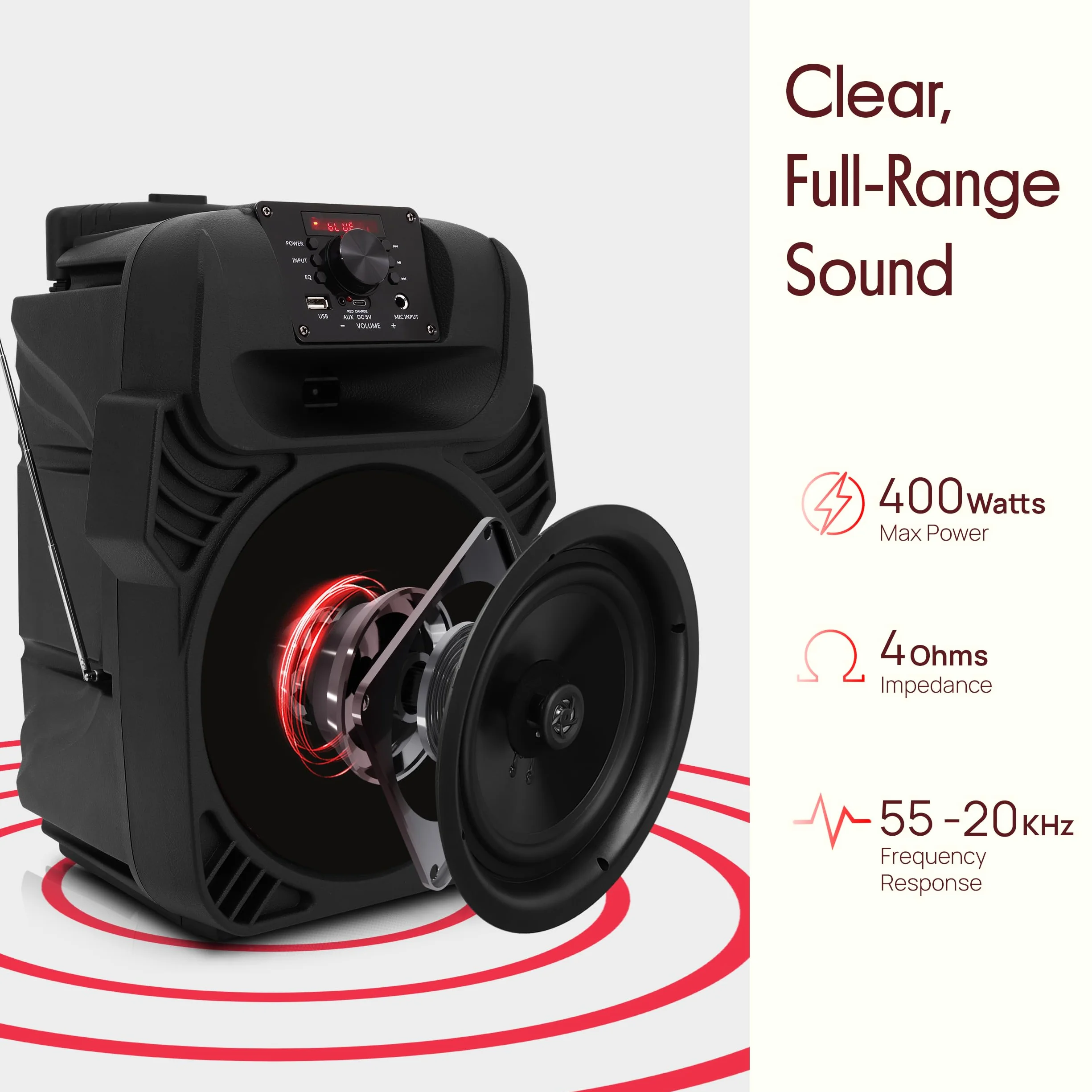 Pyle Przenośny głośnik PA 400 W - system subwoofera 8", 4 omy/55-20 kHz, radio USB/MP3/FM/wejście mikrofonu ¼, wielokolorowe światła LED, wbudowany akumulator z pilotem - Pyle PPHP844B