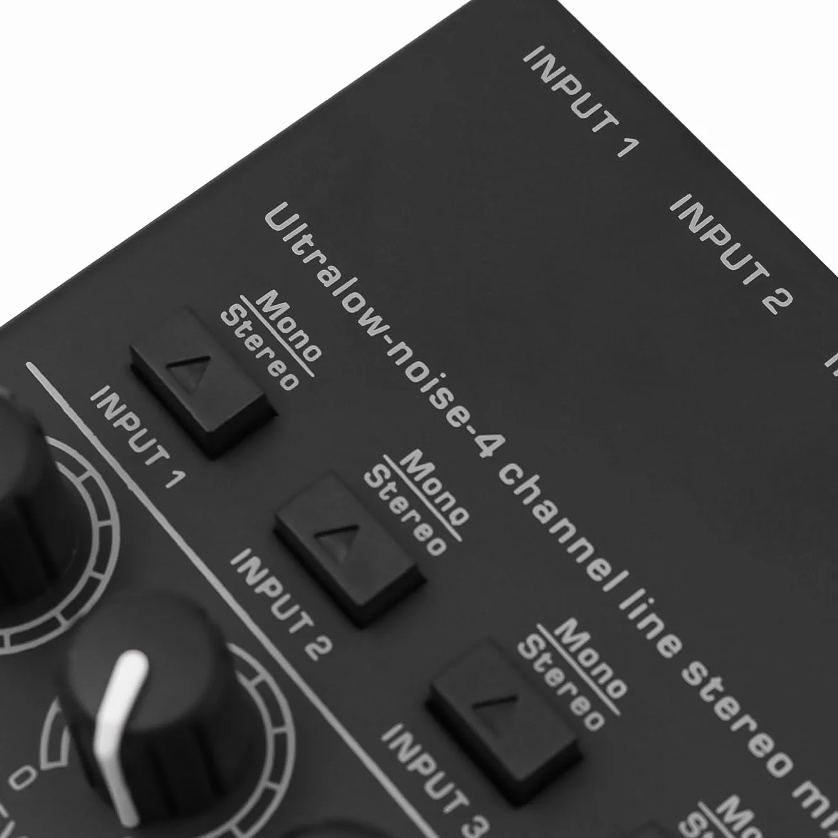 WANGCL 4-kanałowy mikser audio z oddzielną regulacją głośności i bardzo niskim poziomem hałasu do mikrofonów, gitar, basów, klawiatur i mikserów scenicznych
