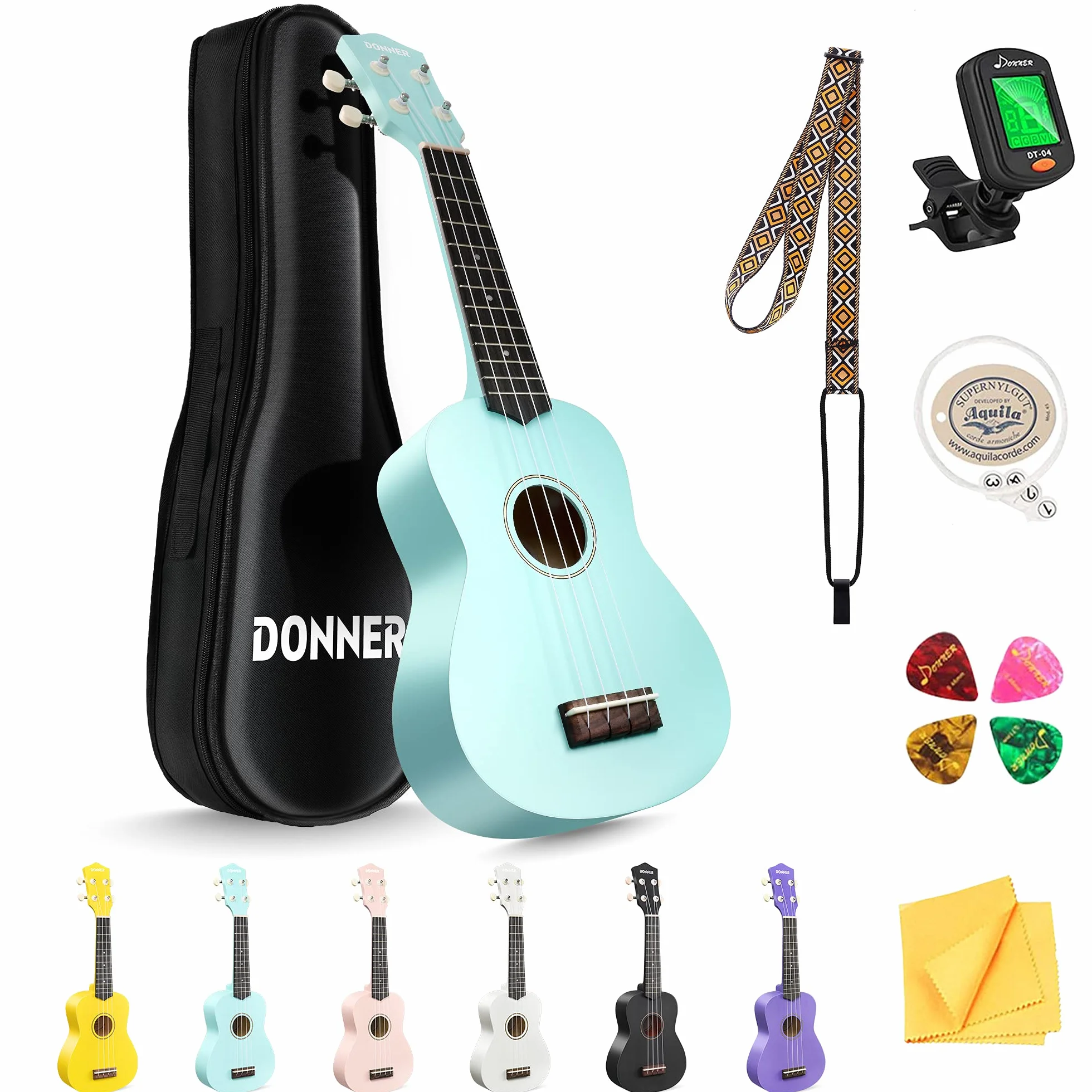 Donner Ukulele sopranowe dla początkujących dorosłych ukelele z paskiem online za darmo na lekcje pasek tunera, DMU-01 21 cali matowy pakiet ukalee zestaw Macaron Series-Miętowy zielony