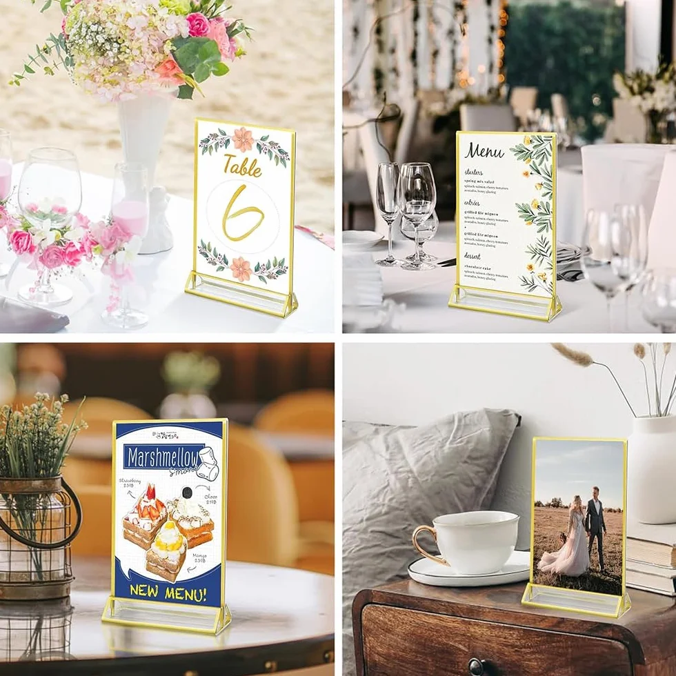 6 szt. złoty uchwyt na znak A5 akrylowy stojak na stół menu, 15 cm x 21 cm, pionowy dwustronny stojak na ulotkę na stół weselny numer restauracja znak zdjęcie ekspozycja