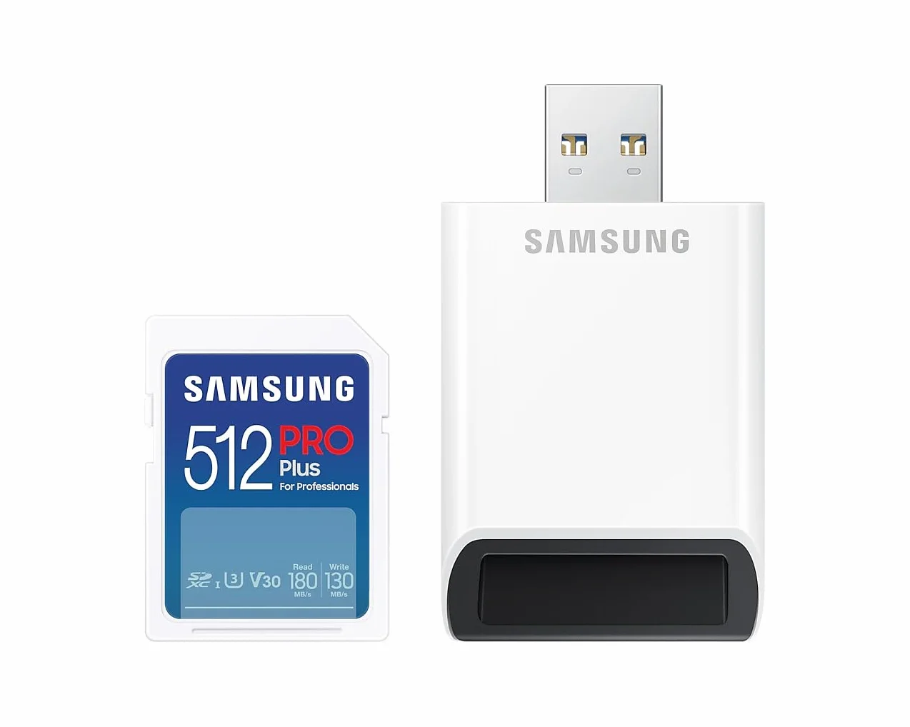 Samsung PRO Plus karta SD, 512 GB, UHS-I U3, Full HD i 4K UHD, odczyt 180 MB/s, zapis 130 MB/s, karta pamięci do kamer i dronów, w zestawie czytnik kart USB, MB-SD512SB/WW