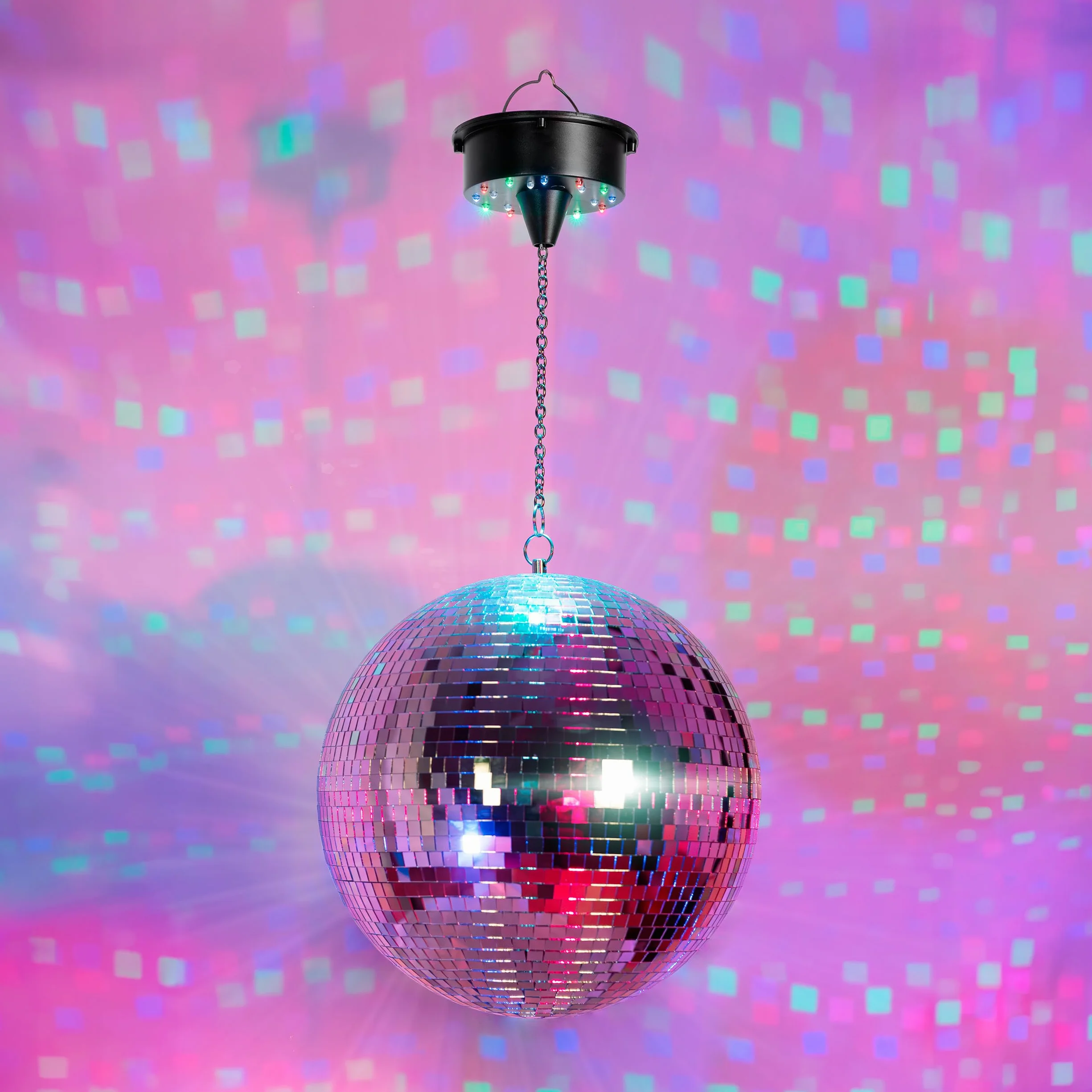Ibiza - DISCO1-30 - kula fasetowa o średnicy 30 cm z podstawą z 18 diodami LED i łańcuchem o długości 20 cm - zasilanie bateryjne