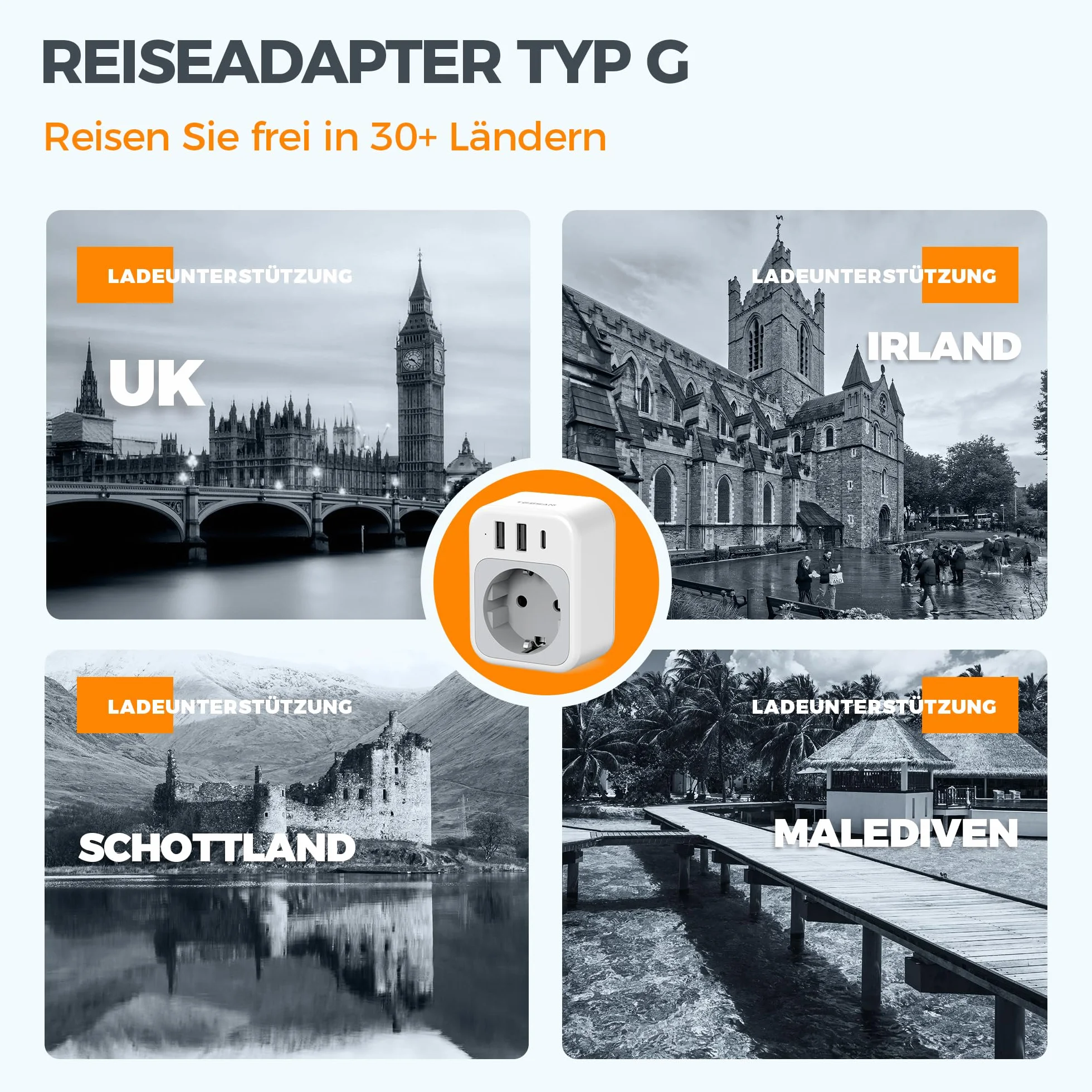 TESSAN Adapter Anglia Niemcy Wtyczka, 4 w 1 Adapter UK z USB C i 2 USB A, Przenośny adapter gniazdowy Anglia, Adapter podróżny UK 3250 W, Adapter podróżny typu G dla Wielkiej Brytanii, Irlandii