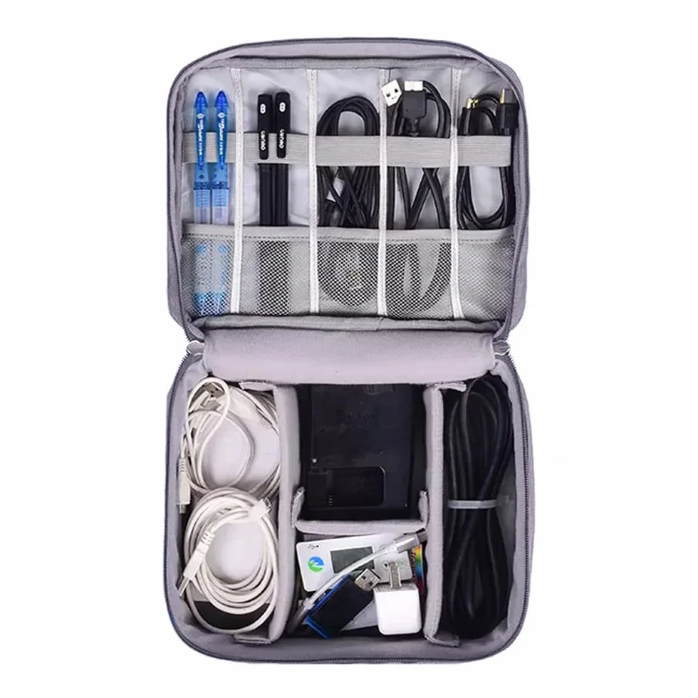 Retoo Organizer na przewody, torba na kable, do ładowania i przybory podróżne, uniwersalne akcesoria podróżne, elektroniczne etui, na telefon komórkowy, kabel, dysk twardy, szary, 40,5 x 26 x 3,2