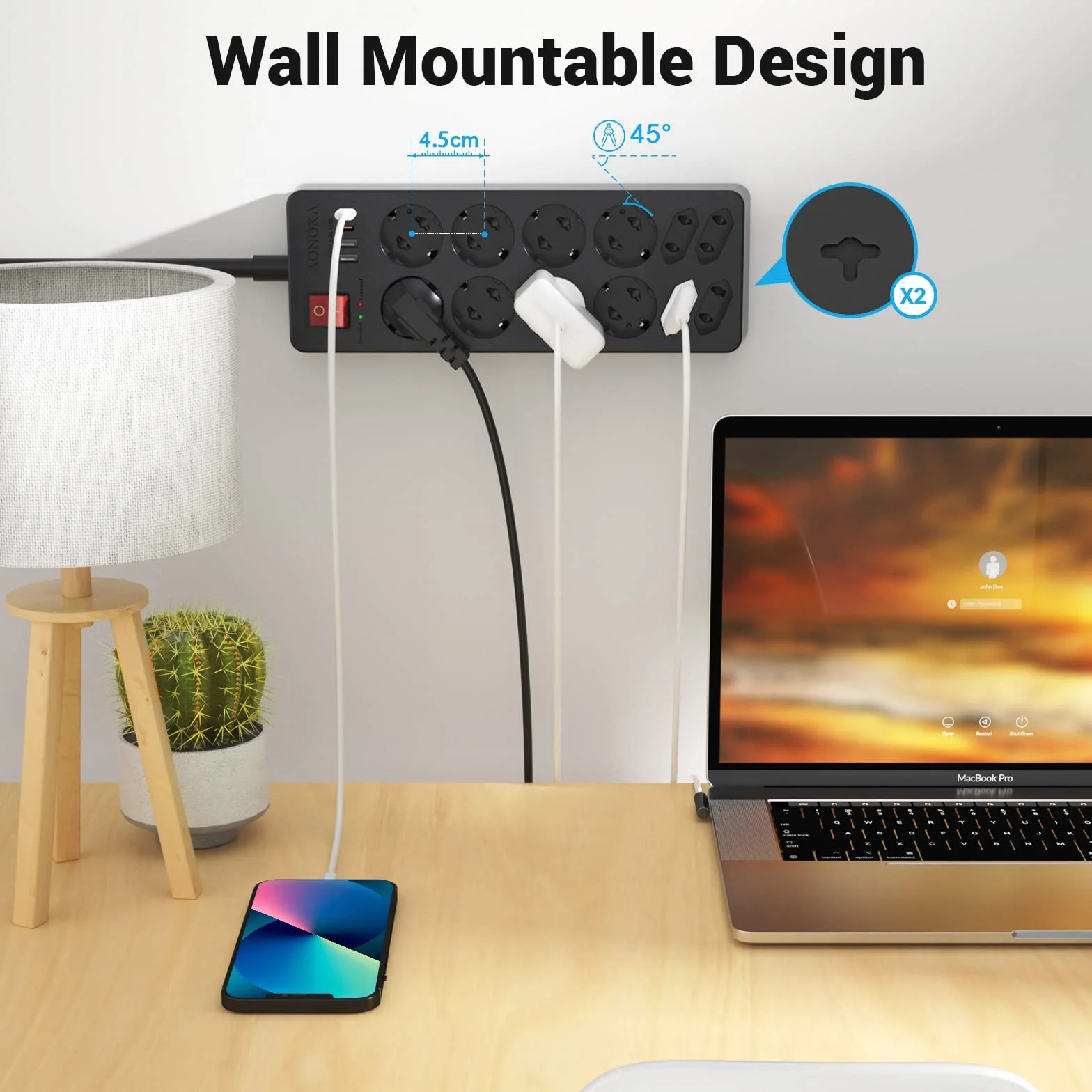 Listwa Zasilająca Przeciwprzepięciowa, Listwa z 12 Gniazdami i 2 USB-C 2 USB-A, Gniazdo Rozdzielacza z Przełącznikiem, Przedłużacz Wielowtykowy Montażu na ścianie Kabel 1.5m, Czarna