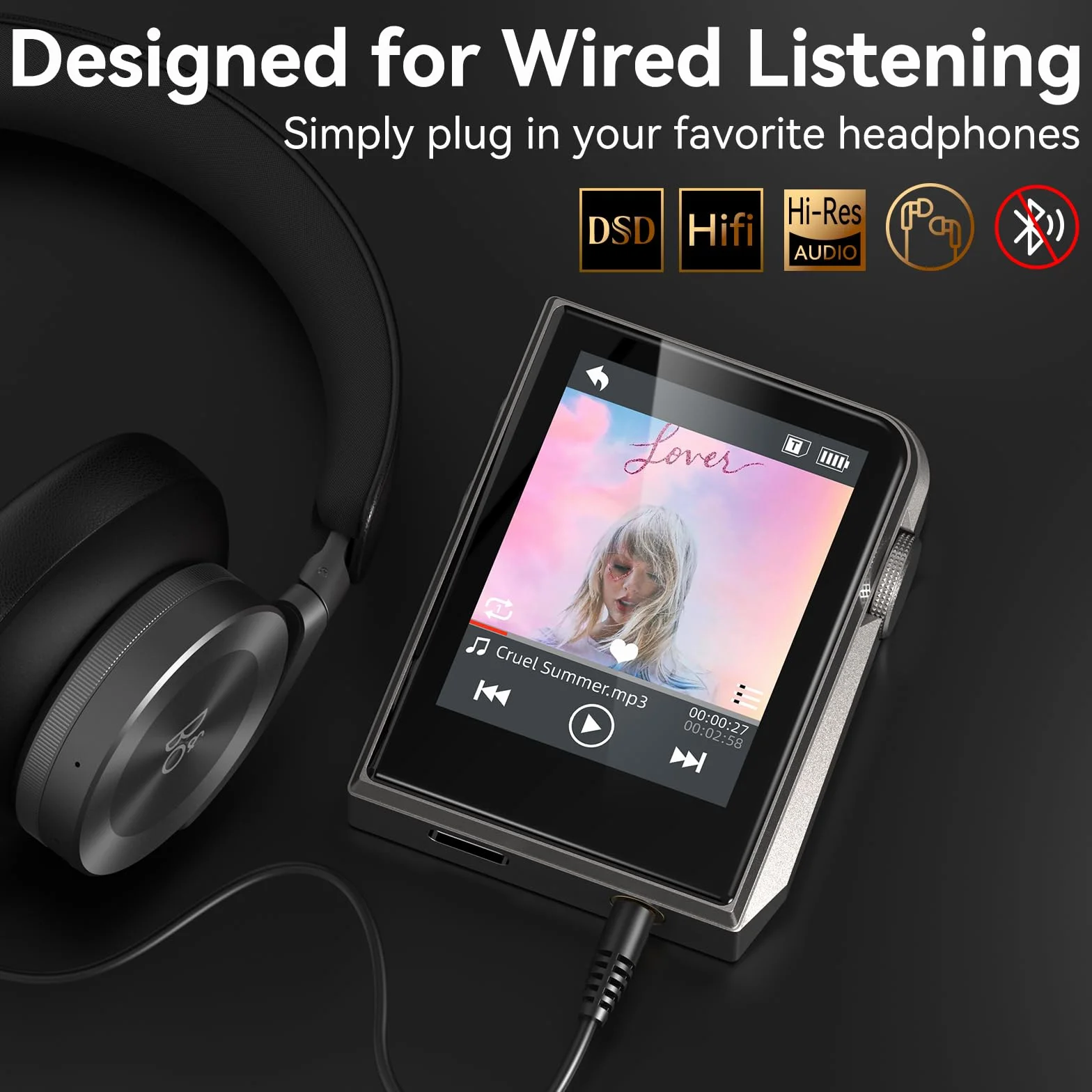 Odtwarzacz MP3 64 GB, HiFi, bezstratny dźwięk, metalowa obudowa, przycisk dotykowy, możliwość rozszerzenia do 128 GB