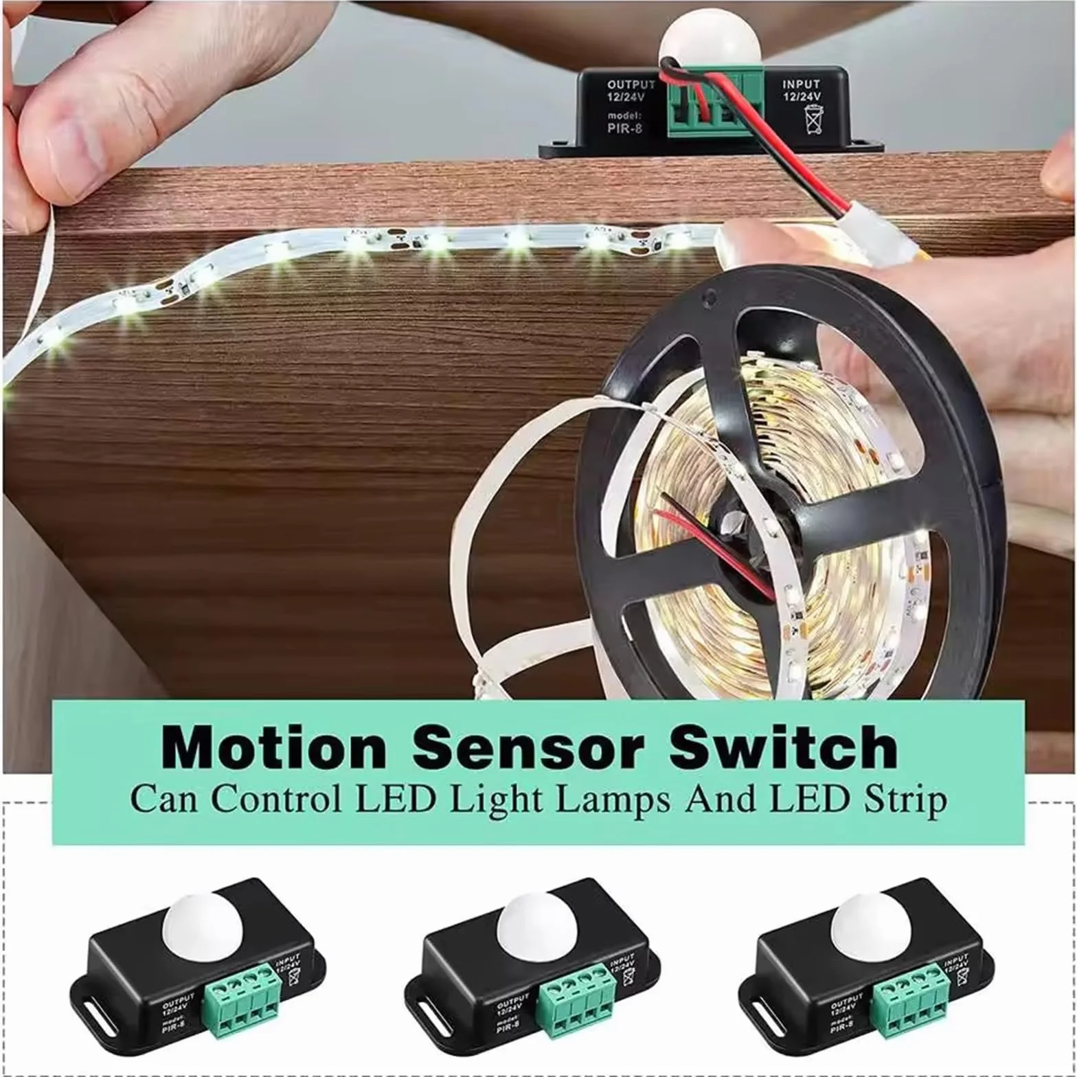 1 szt 12V-24V PIR Sensor Ruchu – Sterownik Światła Infradułotowego do Stripy, Dostosowalny Timer (1-10 Min), 120° Wykrywanie, Zasięg 8M (Biały)