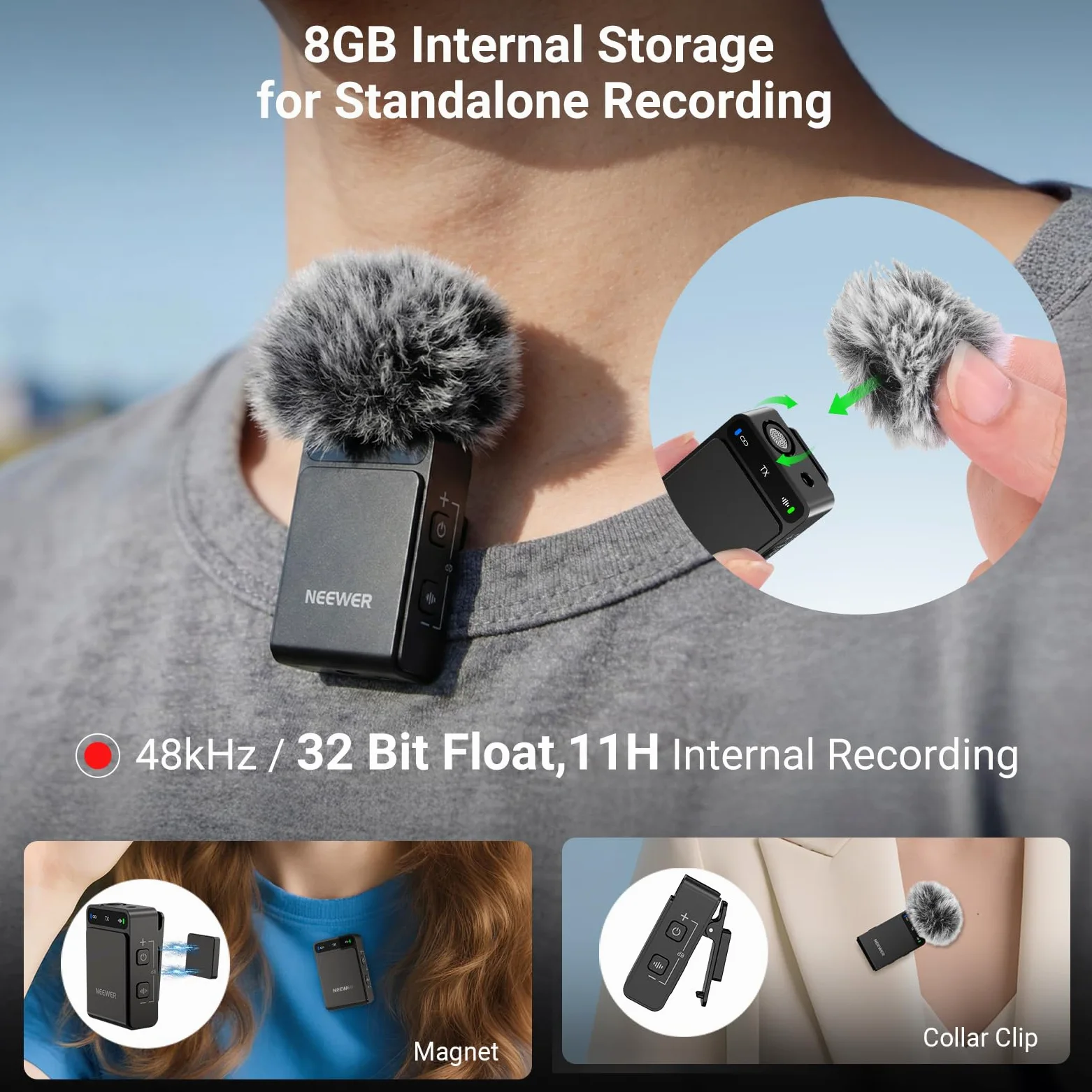 NEEWER CM36 Pro Bezprzewodowy mikrofon krawatowy, Micro USB C 48kHz 24/32 bit pływający 85dB SNR AI redukcja szumów głuchy niskie cięcie 8 GB bateria zapasowa 54 h 2,4G Zasięg 100 m 3,5 mm Monitoring