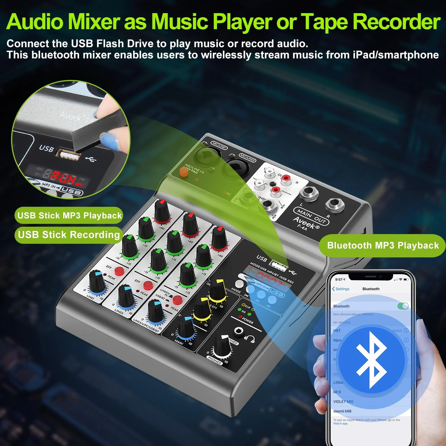 Aveek 4-kanałowy mikser audio, mikser dźwiękowy z efektem opóźnienia reverb USB, wejście 48 V, zasilanie fantomowe stereo DJ mikser do nagrywania, streamingu na żywo