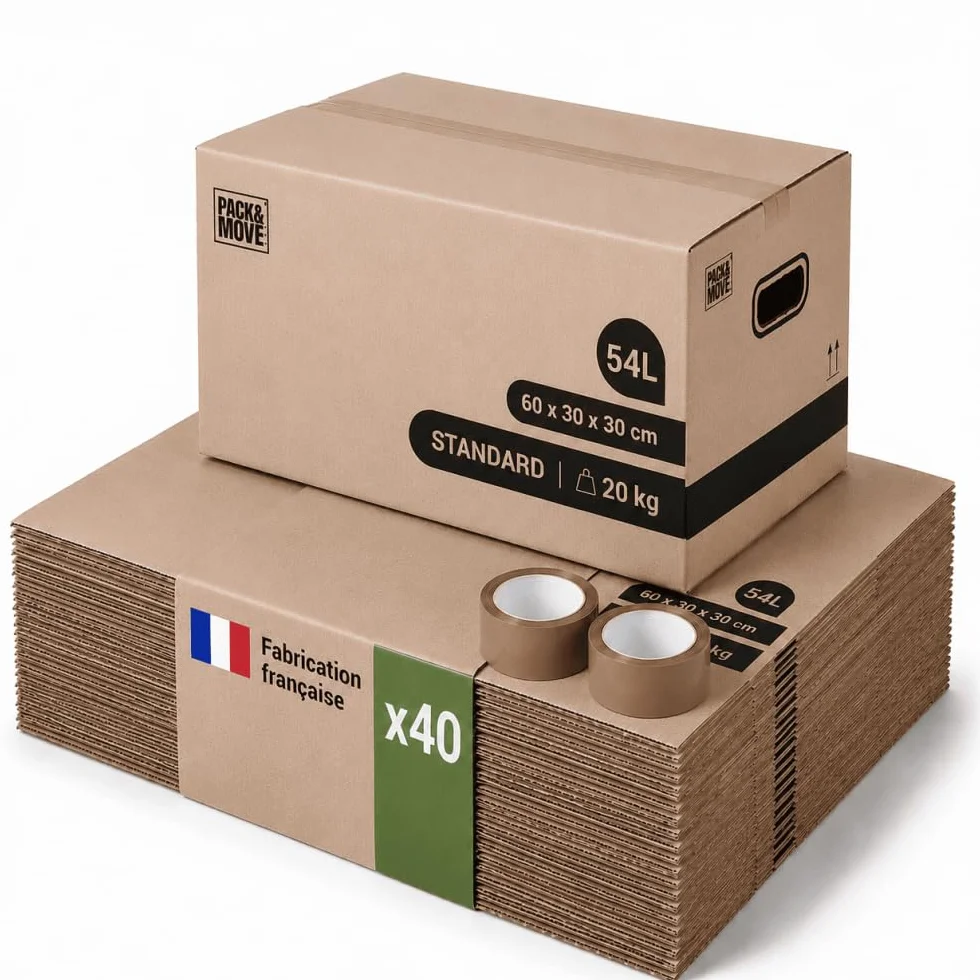 Lot de 40 cartons de déménagement 54L - 60x30x30 cm - Made in France - 70% FSC certifé - Pack & Move