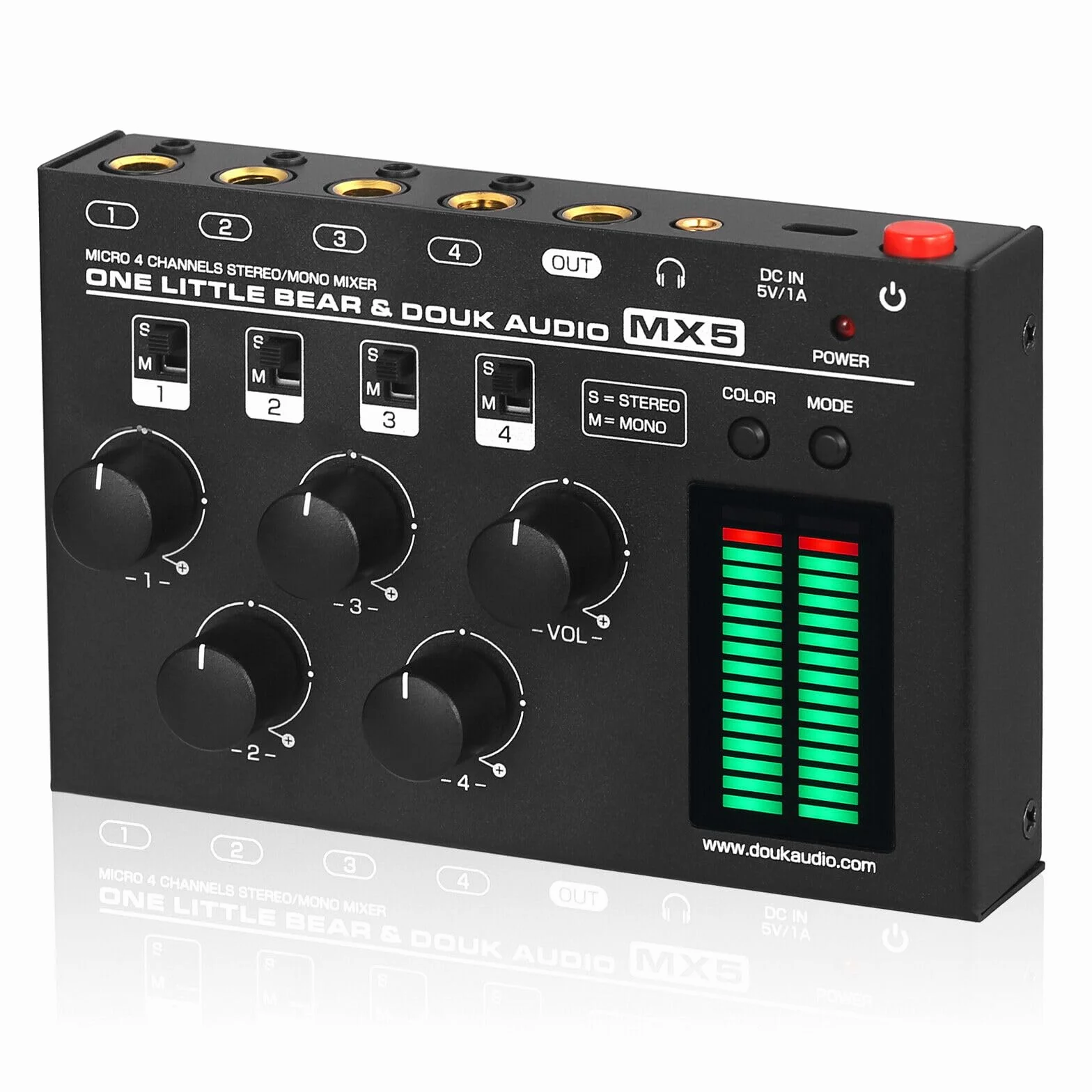 Douk Audio MX5 Mono/Stereo 4-kanałowy mikser audio, ultra cichy mikser liniowy, miernik poziomu LED