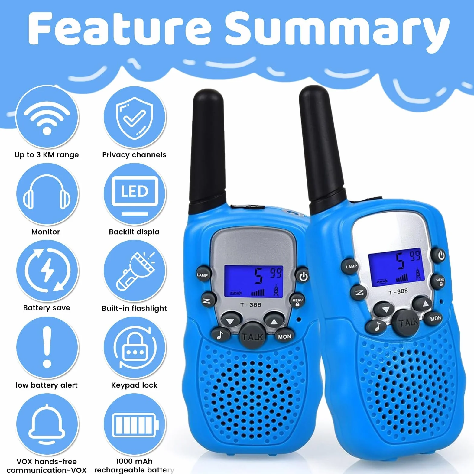 Walkie Talkie zestaw dla dzieci, 388 radiotelefon dla dzieci, z akumulatorem wielokrotnego ładowania, 8-kanałowy radiotelefon PMR 446, zasięg do 2 – 3 km (zestaw 2 szt.) w kolorze kamuflażowym