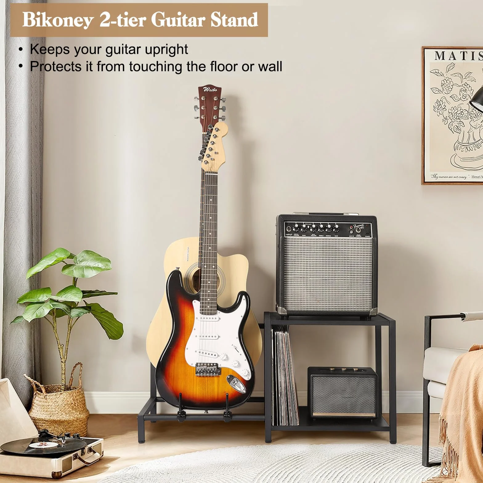 Bikoney Dwupoziomowy Stojak na Gitarę z Półką na Wzmacniacz – Regulowany Stojak na Wiele Gitar i Akcesoriów, Wieszaki na Gitarę do Studia, Domu lub Sceny – Czarny