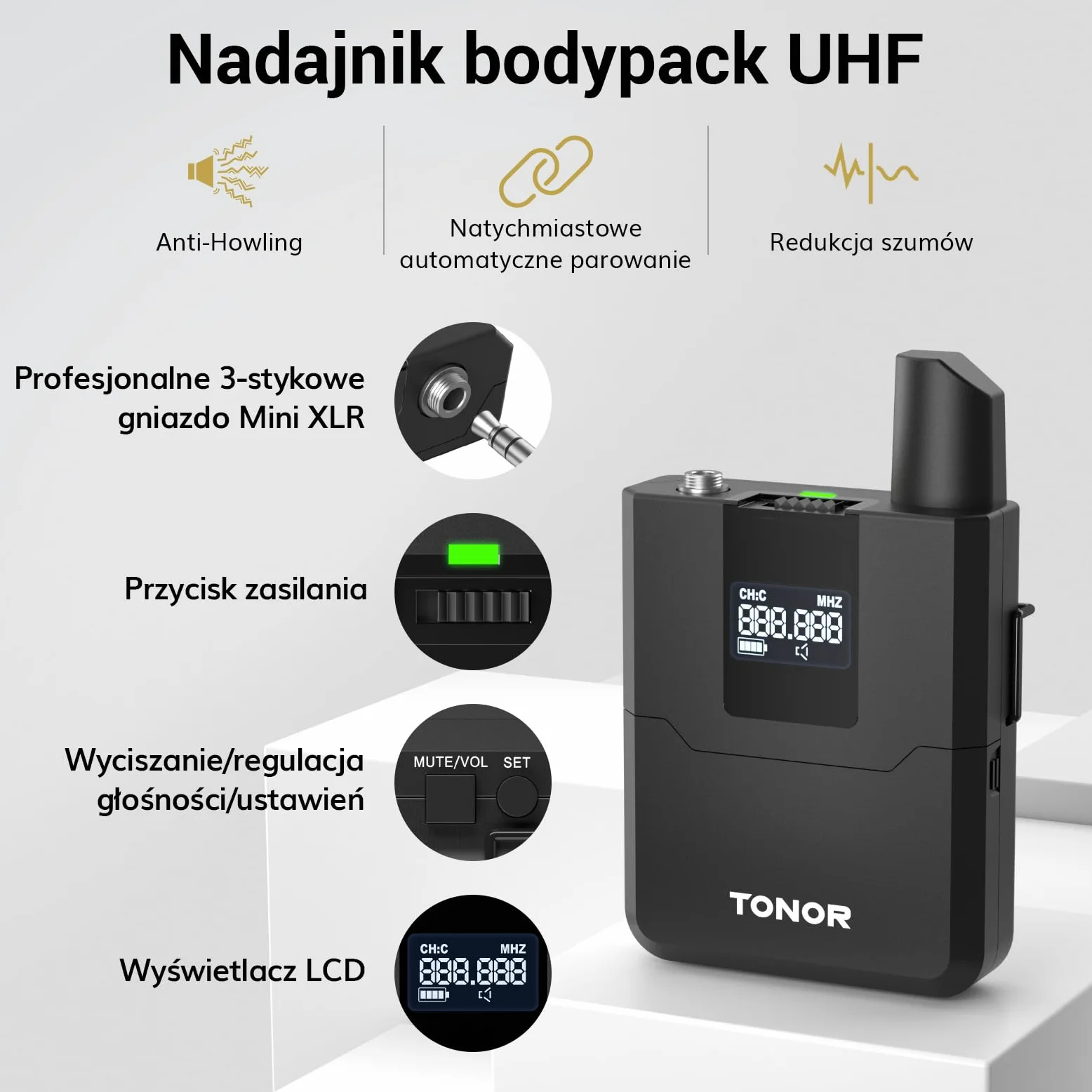 Bezprzewodowy zestaw mikrofonowy TONOR UHF z mikrofonem ręcznym/nadajnikiem typu bodypack/bezprzewodowym mikrofonem typu lavalier, 4 x 5 częstotliwości, zasięg 60 m Karaoke TW362