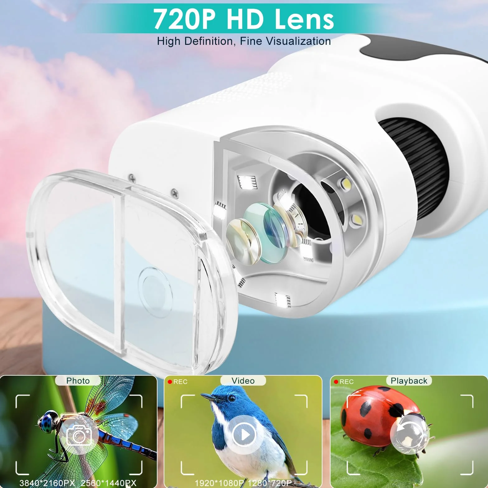 Mikroskop dla dzieci, 1000X 4K, cyfrowy mikroskop dla dzieci, wyświetlacz IPS 2,0" i 8 diod LED, 720P HD, przenośny mikroskop, ładowanie USB, nauka na zewnątrz od 3 lat, biały