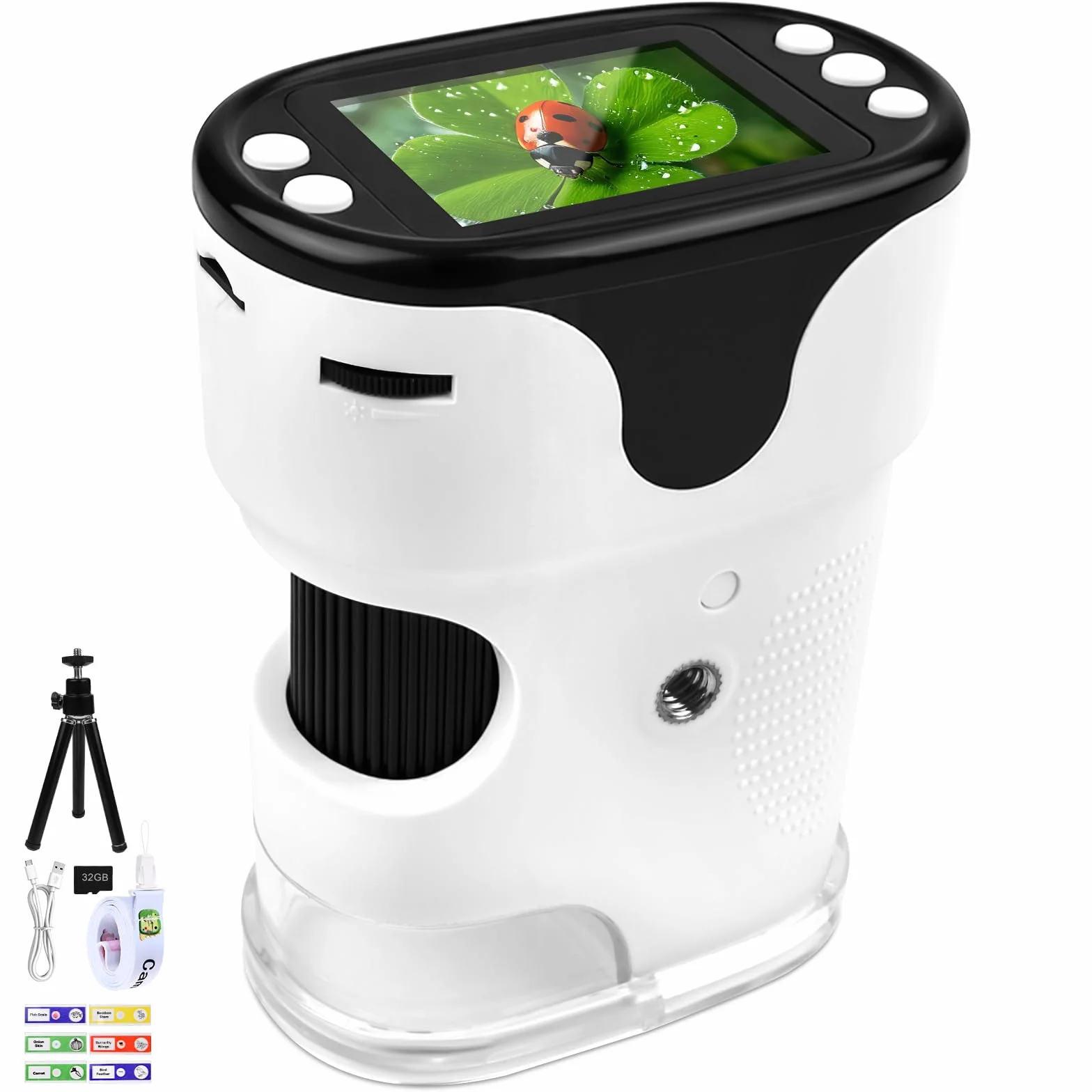Mikroskop dla dzieci, 1000X 4K, cyfrowy mikroskop dla dzieci, wyświetlacz IPS 2,0" i 8 diod LED, 720P HD, przenośny mikroskop, ładowanie USB, nauka na zewnątrz od 3 lat, biały