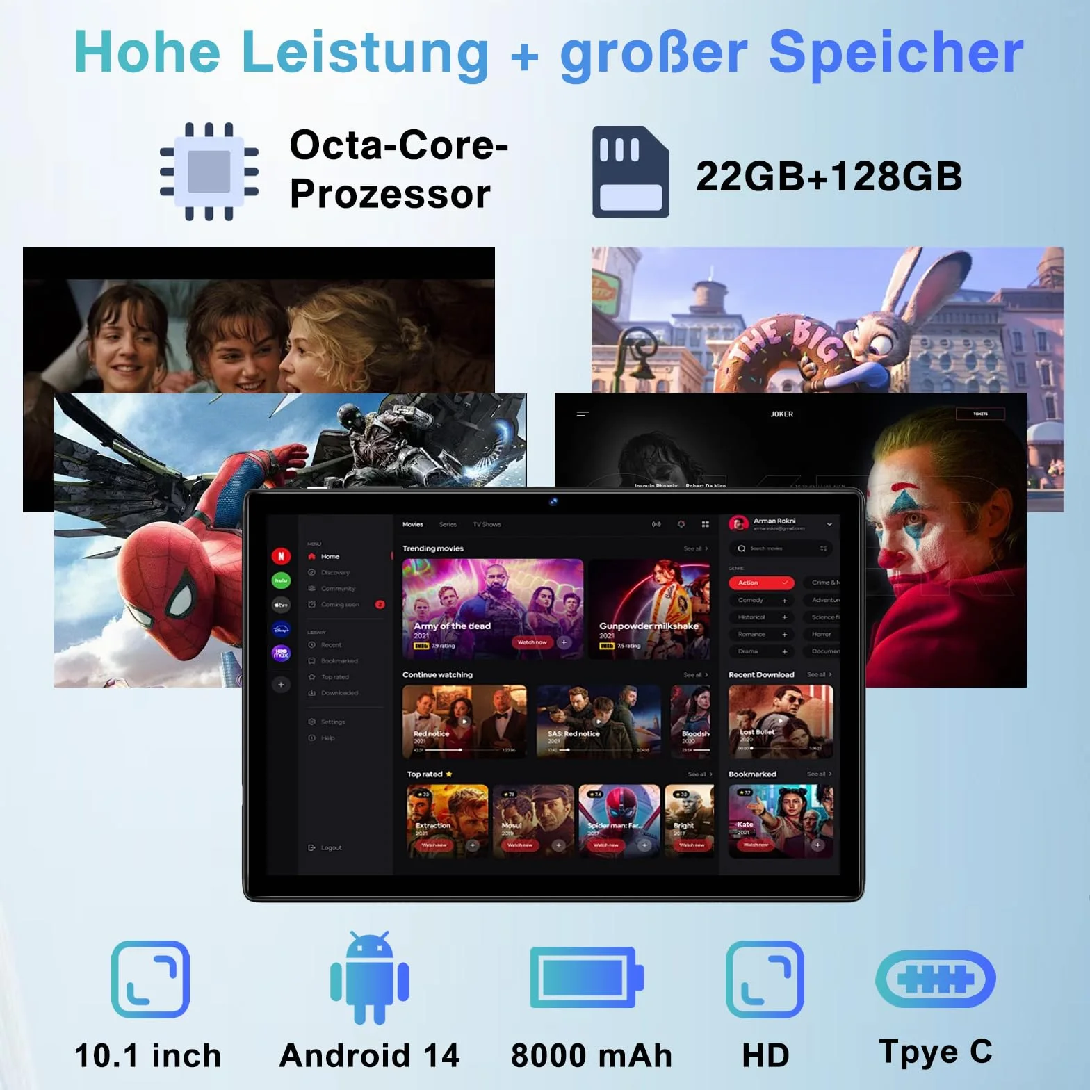 Tablet z Androidem 22GB RAM+128GB ROM (1TB TF), tablety 10 cali, 8000 mAh, Octa-Core T606,2.0Ghz, WiFi5G+2.4G, GPS, 8MP + 5MP, Bluetooth 5.0, Cast, Tablet PC z etui, klawiatura i mysz, czarny