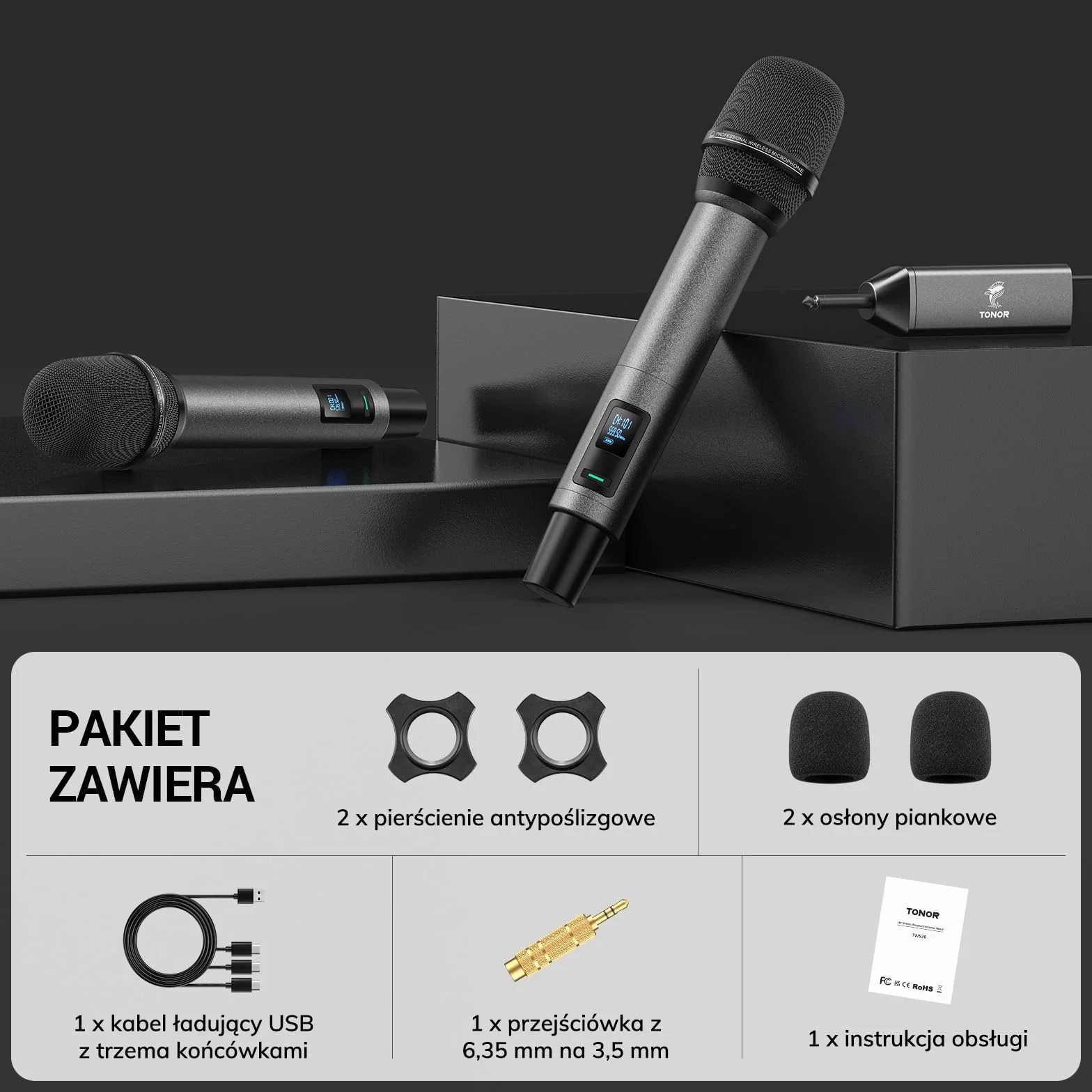 TONOR Bezprzewodowy System Mikrofon Ręczny TW520, Zasięg UHF 60m, Mikrofon do Karaoke
