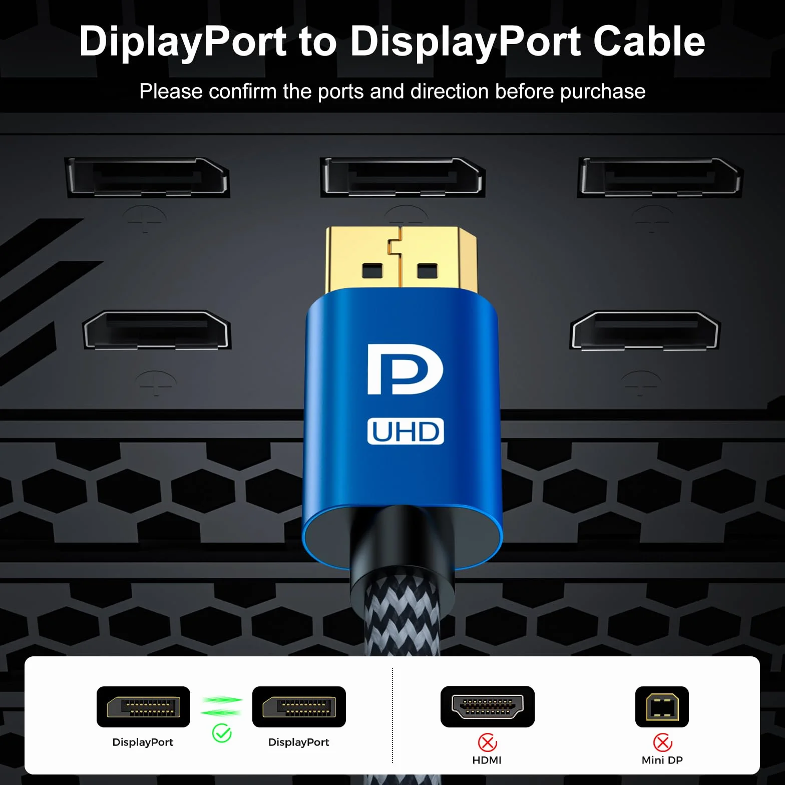 Kabel DisplayPort 2M, Display Port 1.4, Kabel DP Obsługa 8K@60Hz, 4K@144Hz, 2K@240Hz, 32.4Gbps, HBR3 HDR, DSC 1.2, G-Sync FreeSync, Kabel Display 2.0 Lead dla Laptopa Gaming Monitor PC TV - Niebieski
