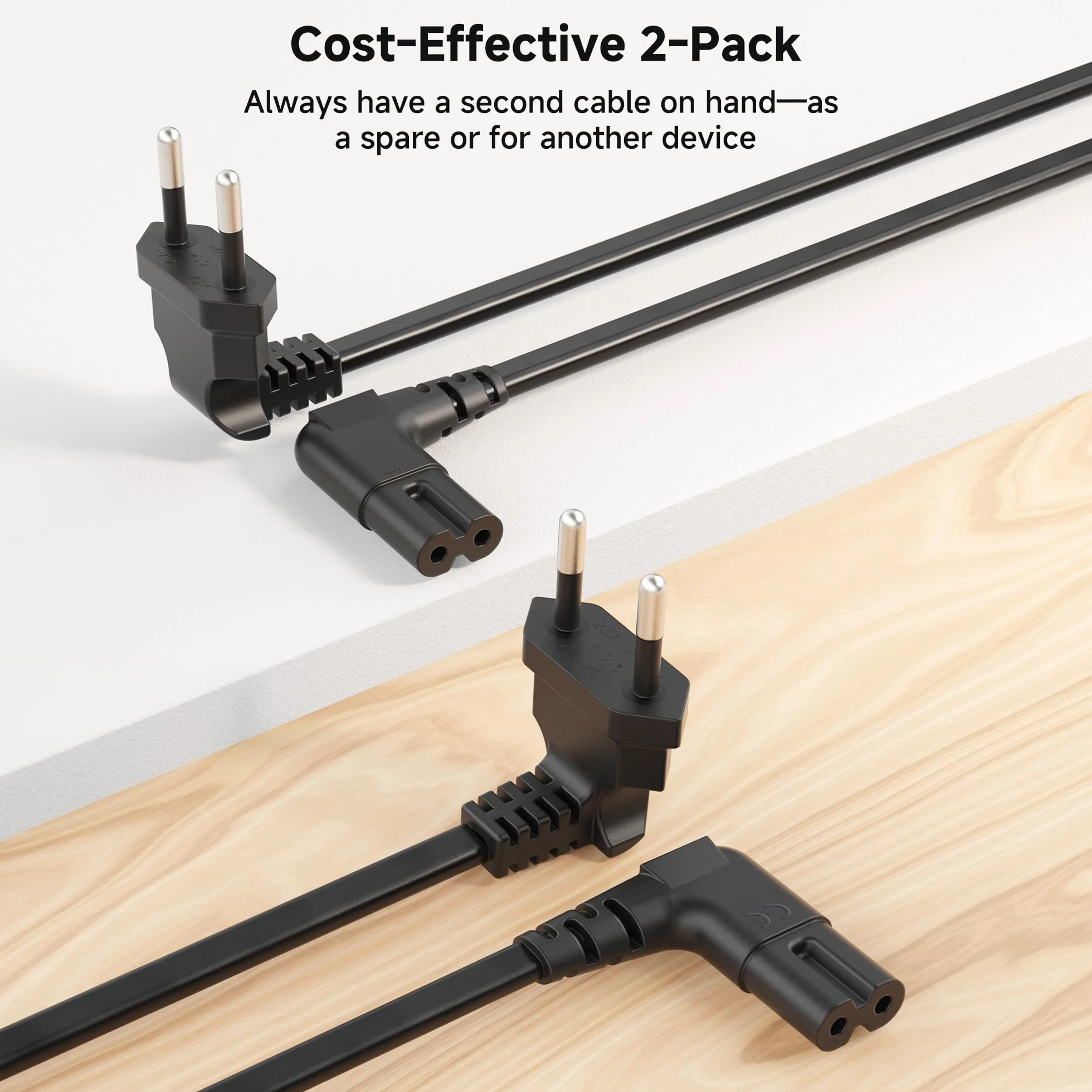 Cable Matters 2-pak kątowy kabel zasilający 2-żyłowy – 3 m, wtyk 90° Typ C (CEE 7/16) do IEC C7, euro przewód zasilający do TV/PS5/PS4/Xbox/radia, czarny