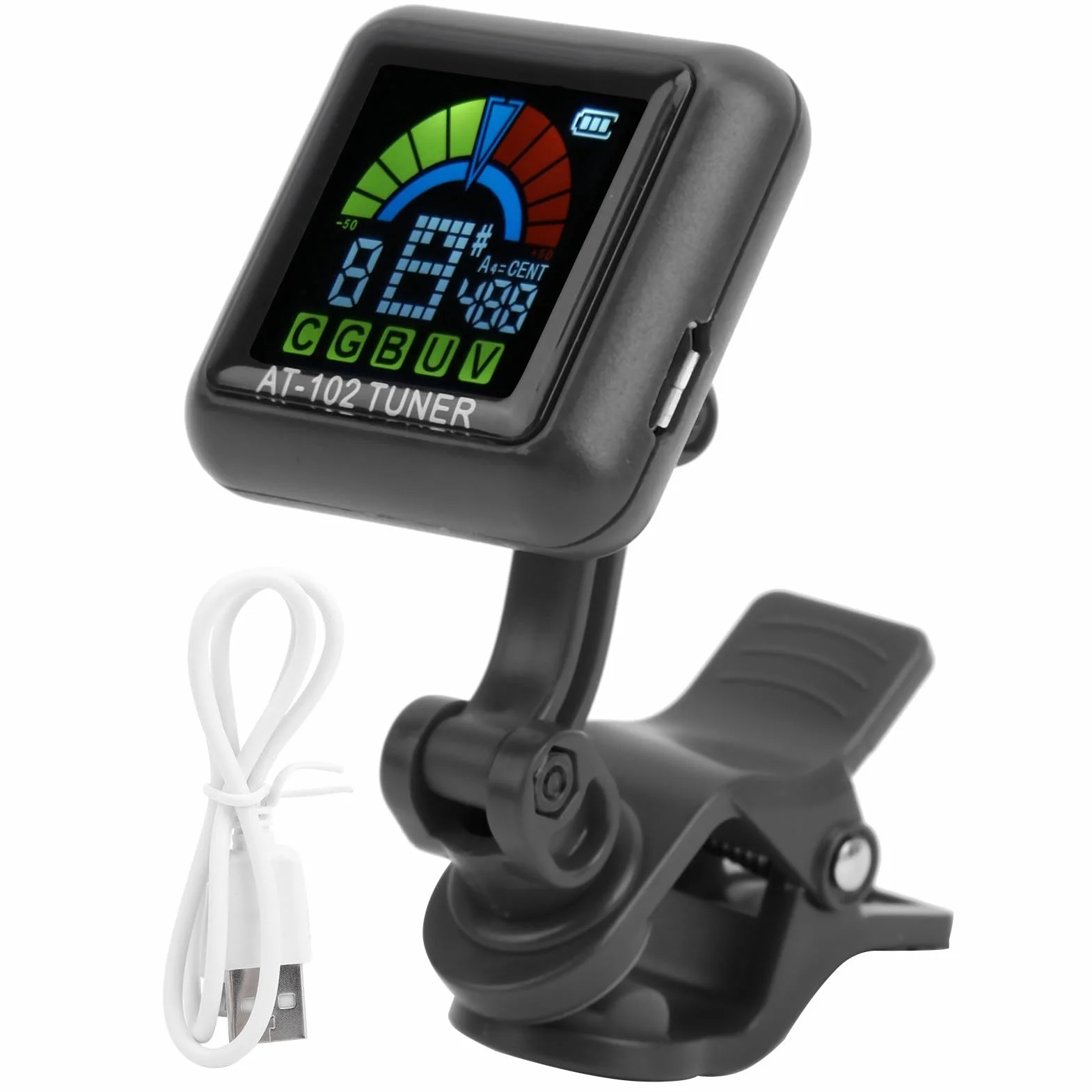 Clip-On Guitar Tuner USB Rechargeable Headstock Tuner Electric Guitar Tuner for Violin Ukulele Tuner AT‑102 with Color Screen(AT-102 Black)