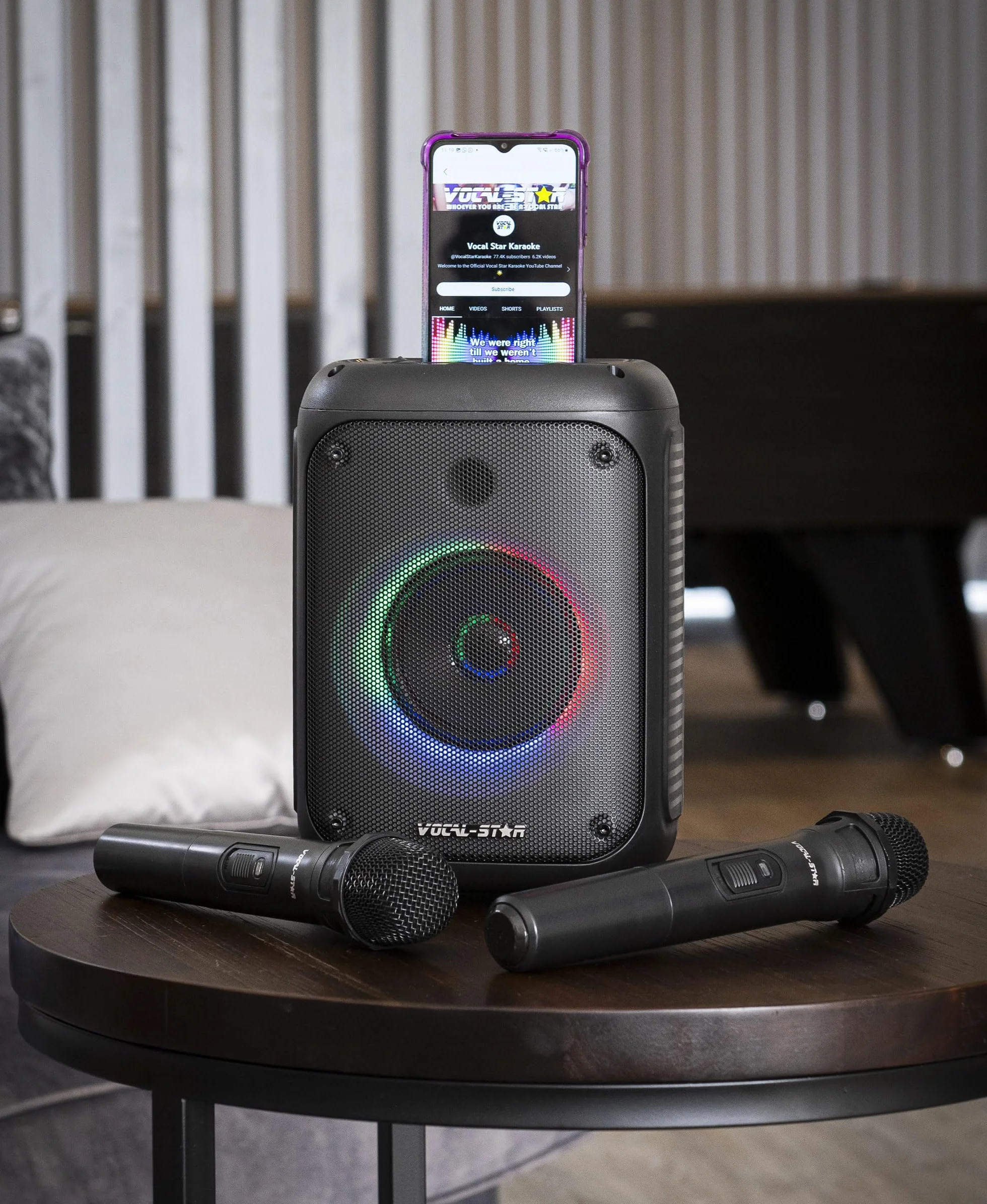 Vocal-Star VS-275 Przenośny sprzęt do karaoke z Bluetooth, 2 mikrofony bezprzewodowe, głośnik 60 W, efekty świetlne, nagrywanie śpiewu, z akumulatorem