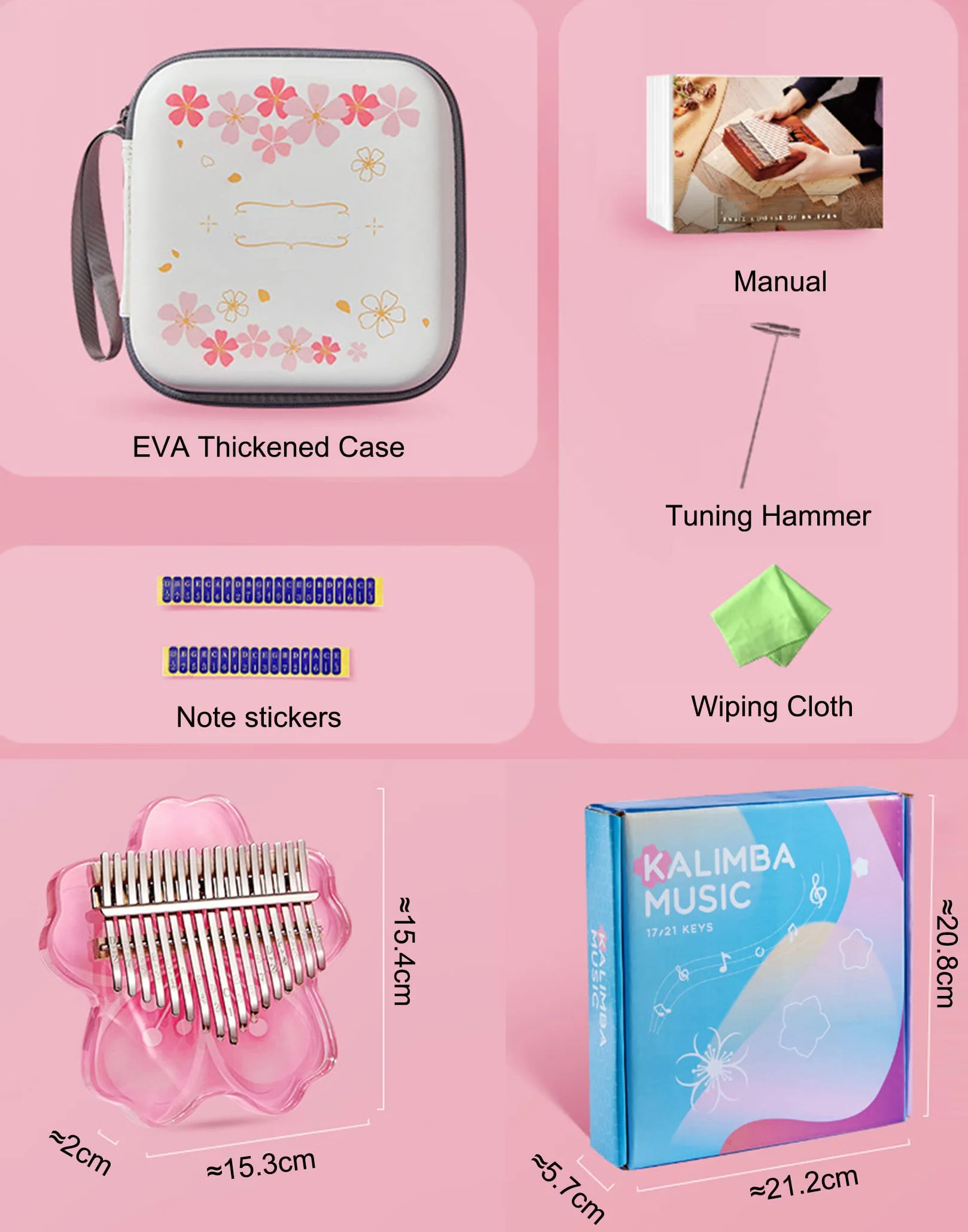 BOTOWI Zestaw 21 przezroczystych klawiszy kalimba na kciuk Sakura Shape Transparent Crystal Kalimba 17 klawiszy z etui ochronnym EVA, profesjonalne instrumenty muzyczne, różowe 17 klawiszy