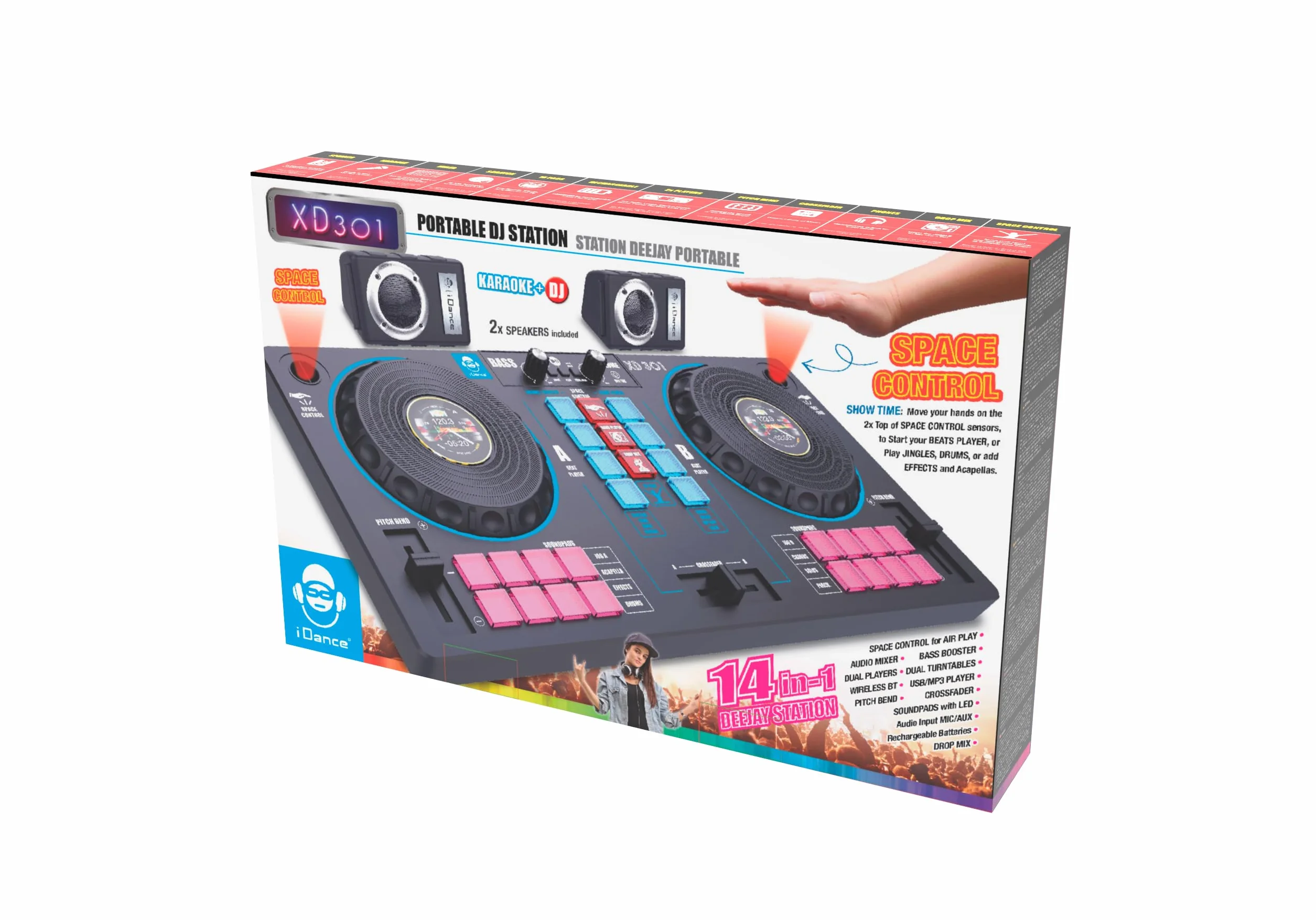 Cefa Toys - Przenośna stacja Dj z głośnikami i sterowaniem kosmicznym 14 w 1, z gramofonem, crossfaderem i ponad 144 kombinacjami miksu, w tym odtwarzacz Bluetooth i USB oraz akumulator