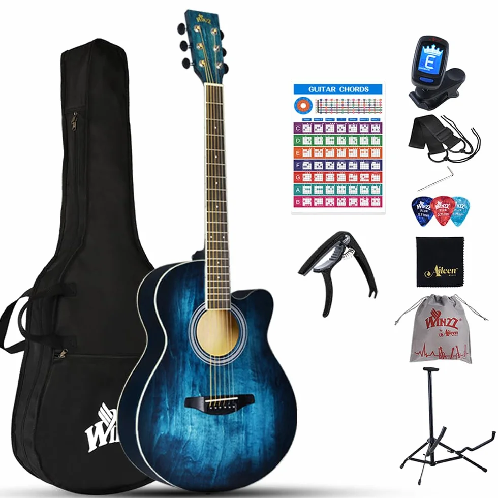 Winzz Gitara akustyczna ze stalowymi strunami dla początkujących, elegancki unikalny wzór kolorystyczny (niebieski vintage)