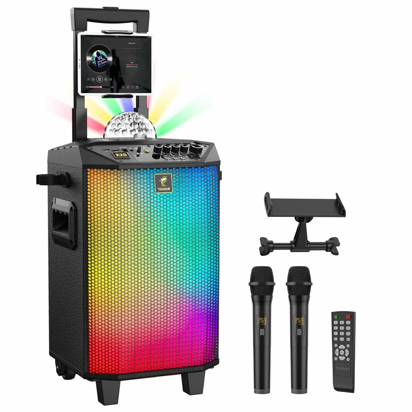 Bezprzewodowa Maszyna Karaoke, TONOR PA System Przenośny Głośnik Do Śpiewania Z Dwoma Bezprzewodowymi Mikrofonami, Kulą Dyskotekową Do Domowego Karaoke, Imprezy, Klasy I Kościoła (K20)