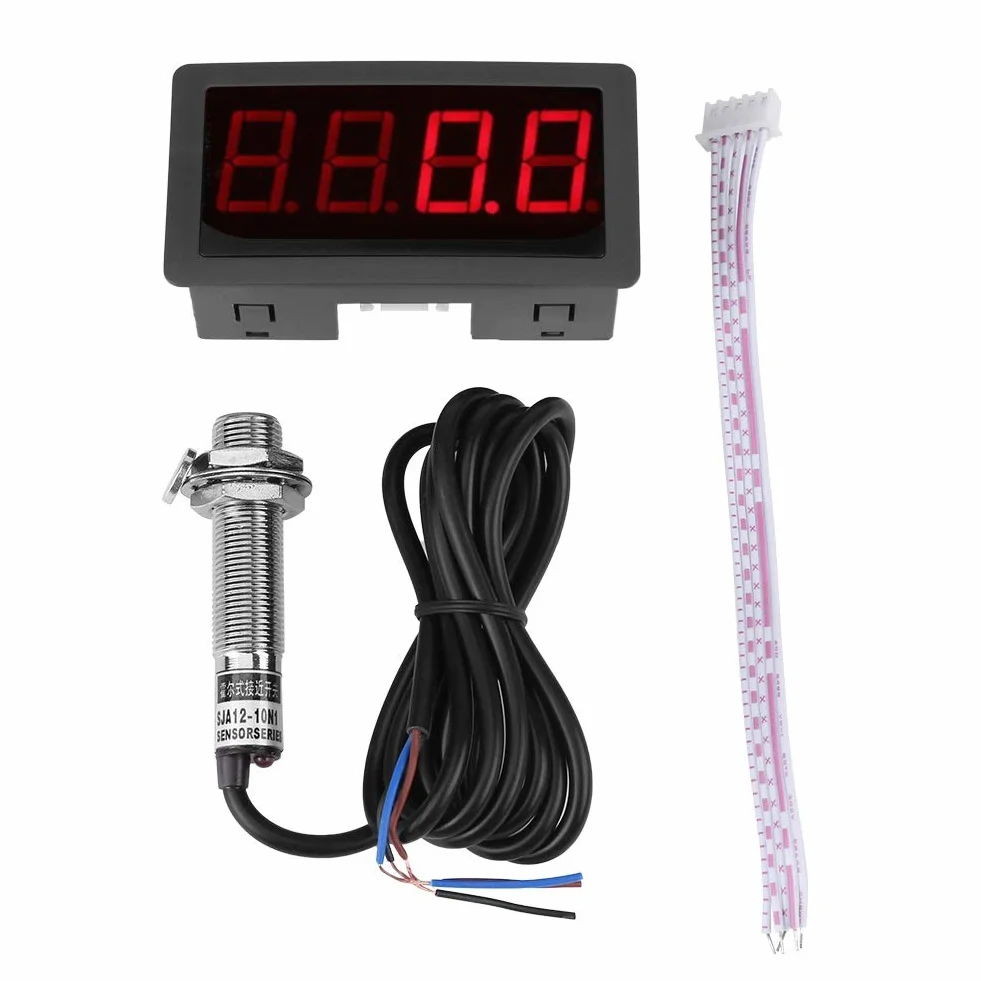Samfox Cyfrowy tachometr - 4 cyfrowy tachometr LED RPM prędkościomierz + czujnik zbliżeniowy holu NPN (kolor: Czerwony)