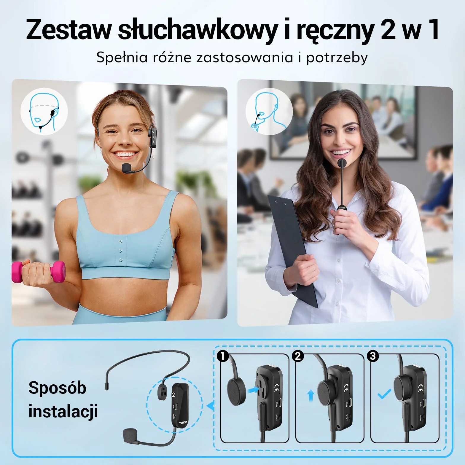 TONOR Bezprzewodowy Zestaw Słuchawkowy z Mikrofonem UHF, Bezprzewodowy Mikrofon z 20 Kanałami, Transmisja Zasięgu 20 m do Spiewania, Fitnessu, Nauczania, Przewodnika, Wzmacniacza Głosu, Głośnika