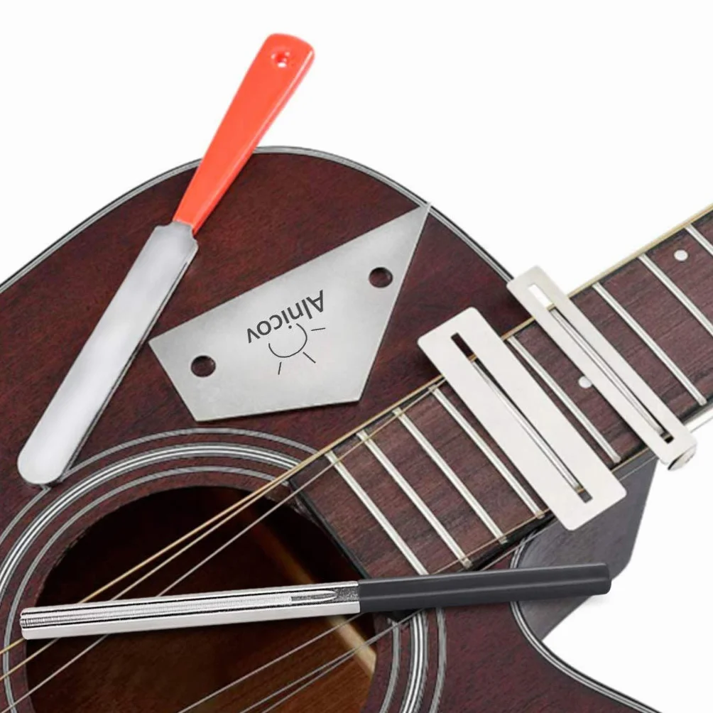 Alnicov Pilnik koronujący do progów gitarowych ze stali nierdzewnej, łopatka do paska, zestaw ochraniaczy podstrunnicy, zestaw do poziomowania, dla lutników i gitarzystów - 6-częściowy