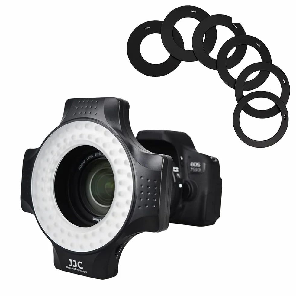 JJC Makro LED lampa pierścieniowa z 60 diodami LED o wysokiej intensywności, dyfuzor lampy błyskowej do obiektywu Canon Sony Nikon Olympus Fuji DSLR, 6 pierścieni dopasowania obiektywu - od 49 mm do