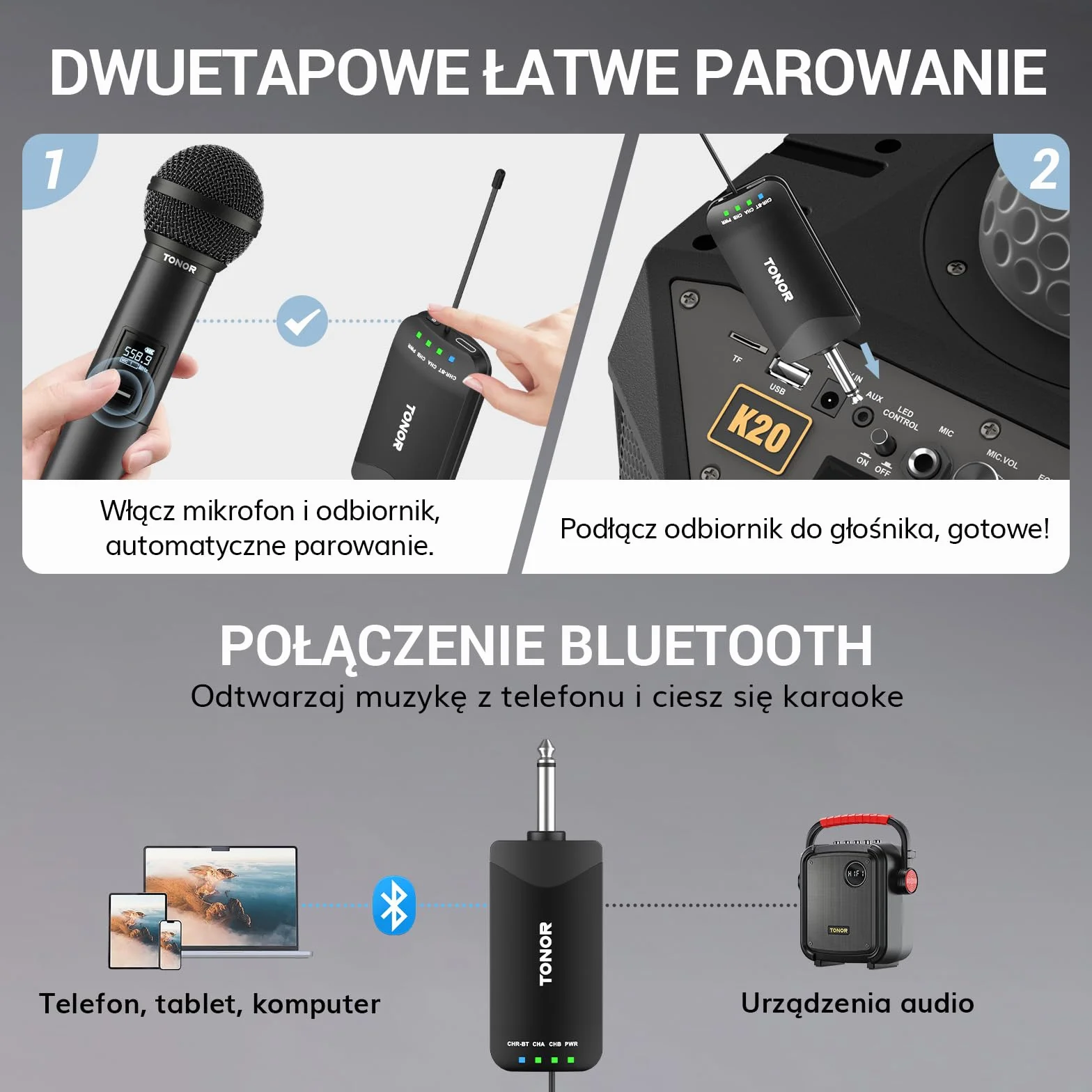 TONOR TW720 Bezprzewodowy Mikrofon Dynamiczny, Bluetooth, 2x25 UHF, 100 m