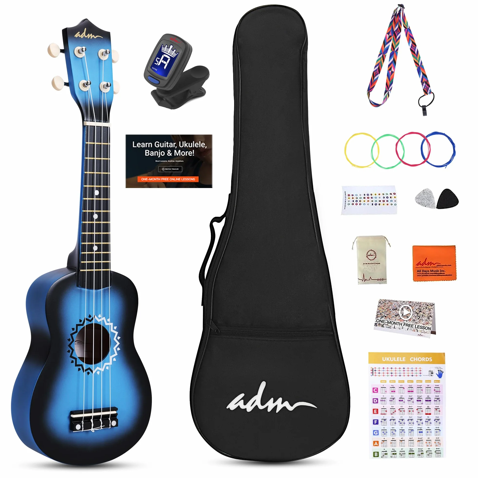 ADM Zestaw ukulele sopranowe dla dzieci i początkujących, zestaw startowy do ukulele z torbą, tuner z klipsem, tęczowe struny, kolorowy pasek, plektron, naklejki na podstrunnicę, karta akordów, AU01L
