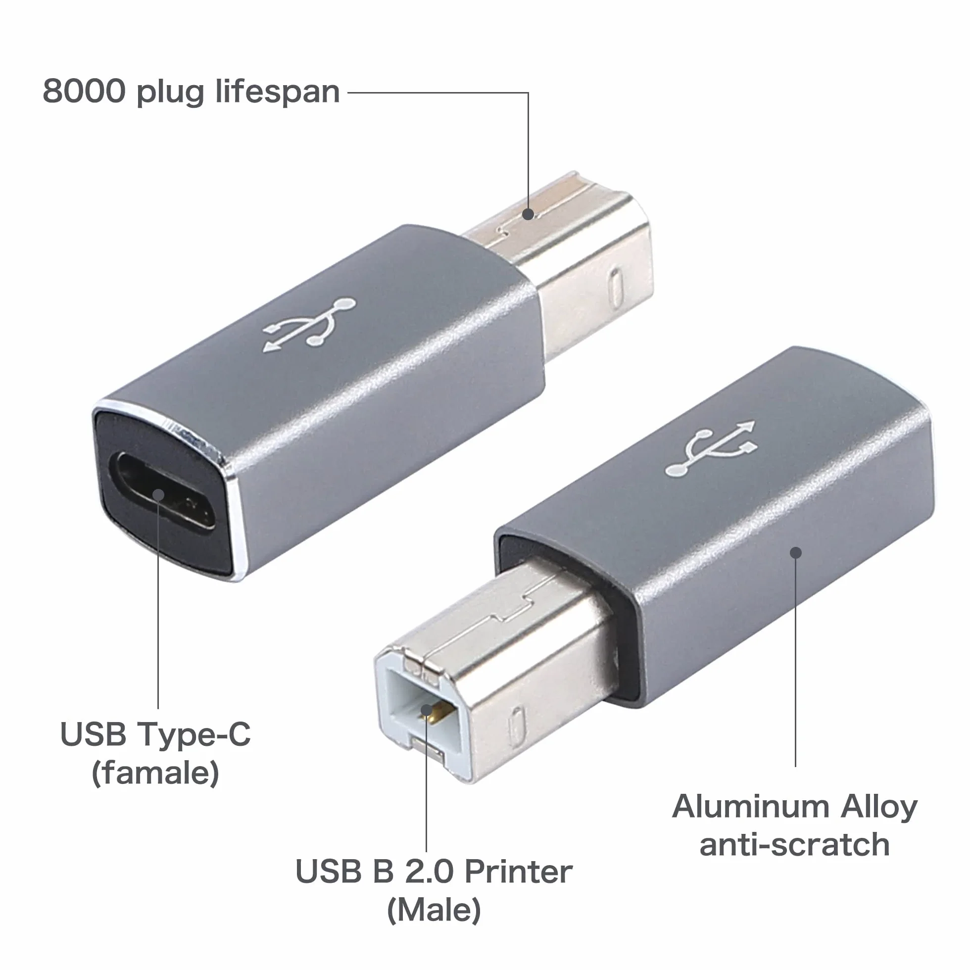 QIANRENON USB C żeński na midi adapter typu C na męski USB B adapter do drukarki MIDI elektryczny syntezator fortepianu i więcej urządzeń typu C / laptopa 2 szt. szary